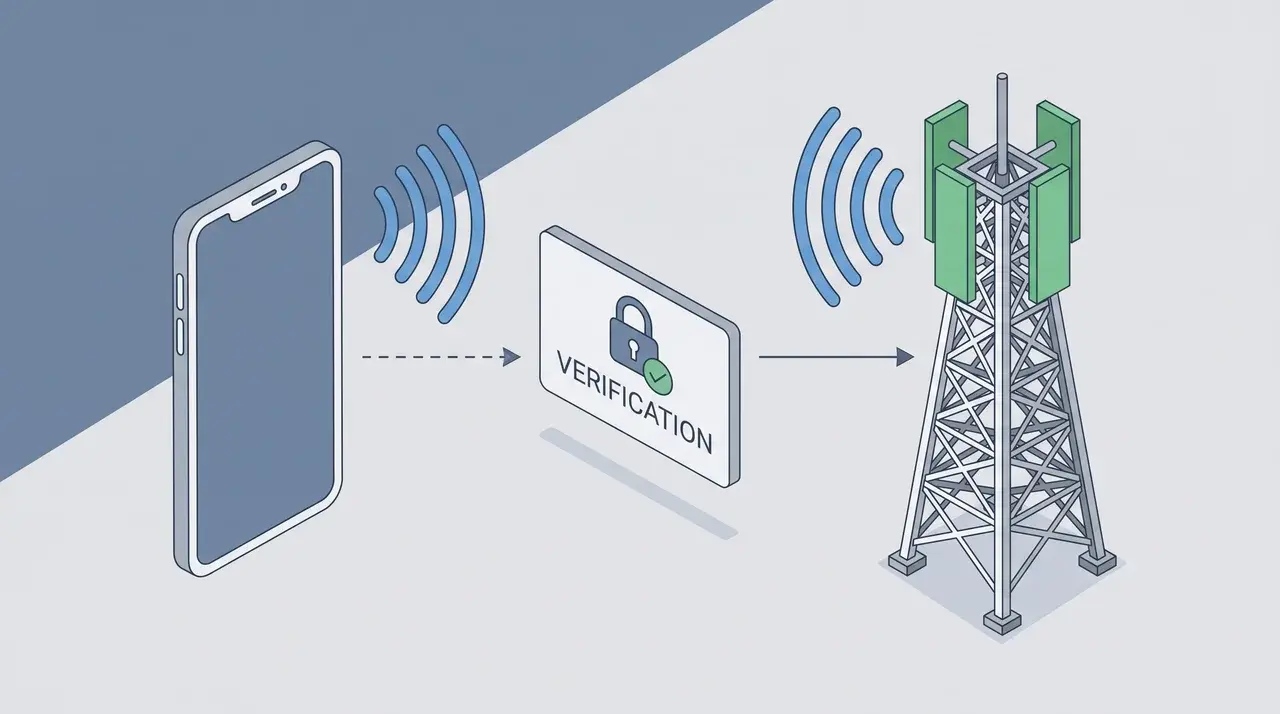 Diagram of a smartphone exchanging signal with a cell tower during connection
