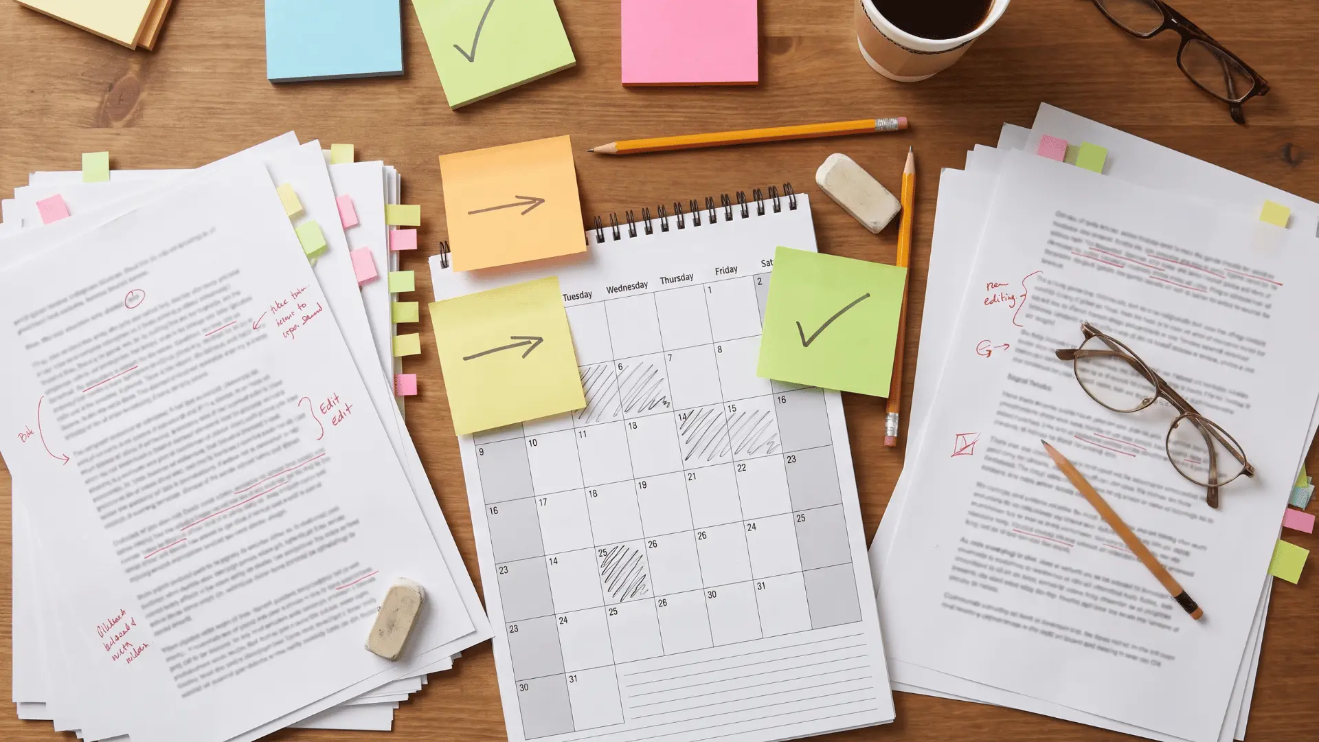 Article drafts, editing notes, fact-checking papers, and a publication calendar on a desk.
