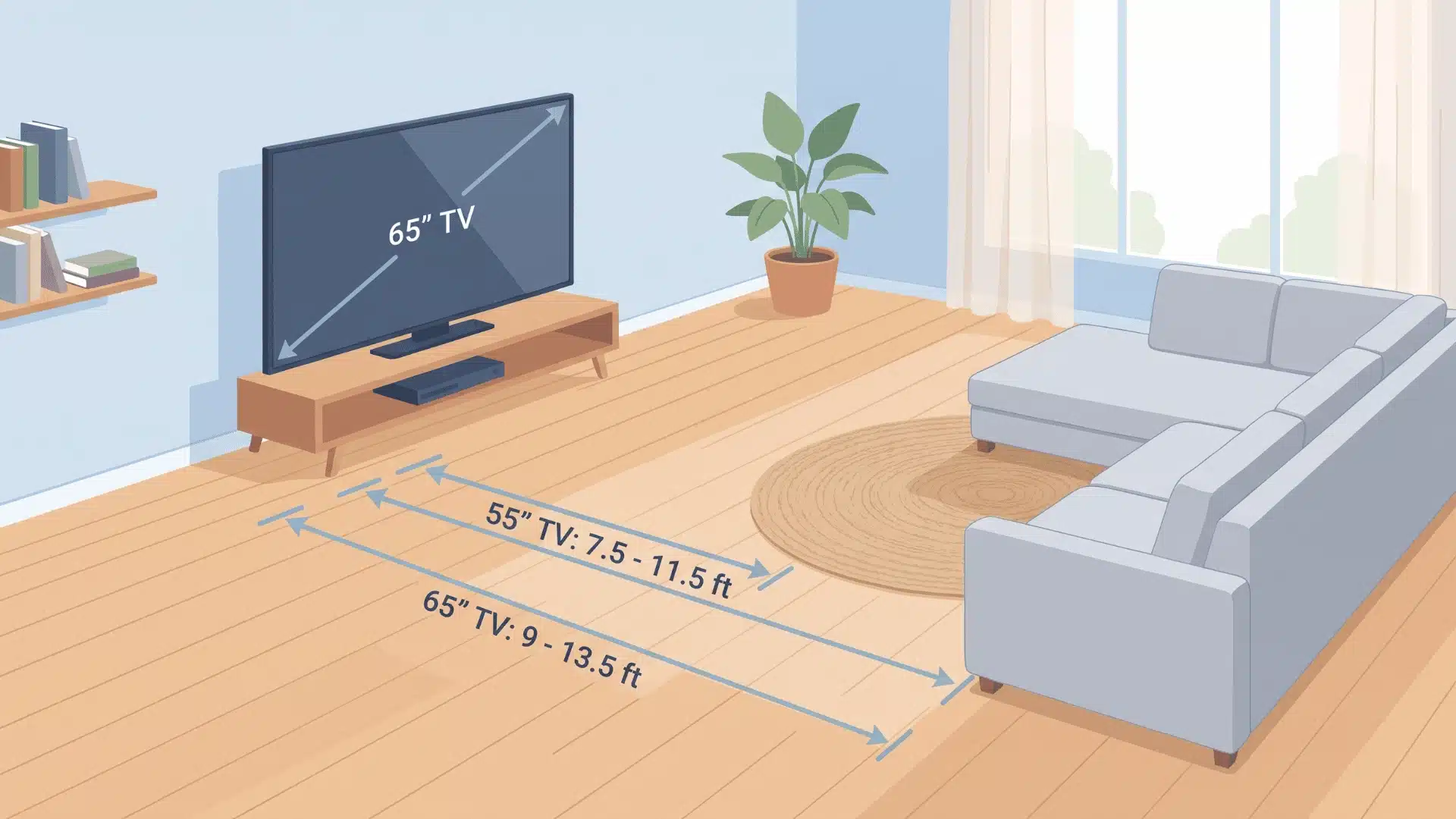 TV and couch with marked viewing distance lines on floor