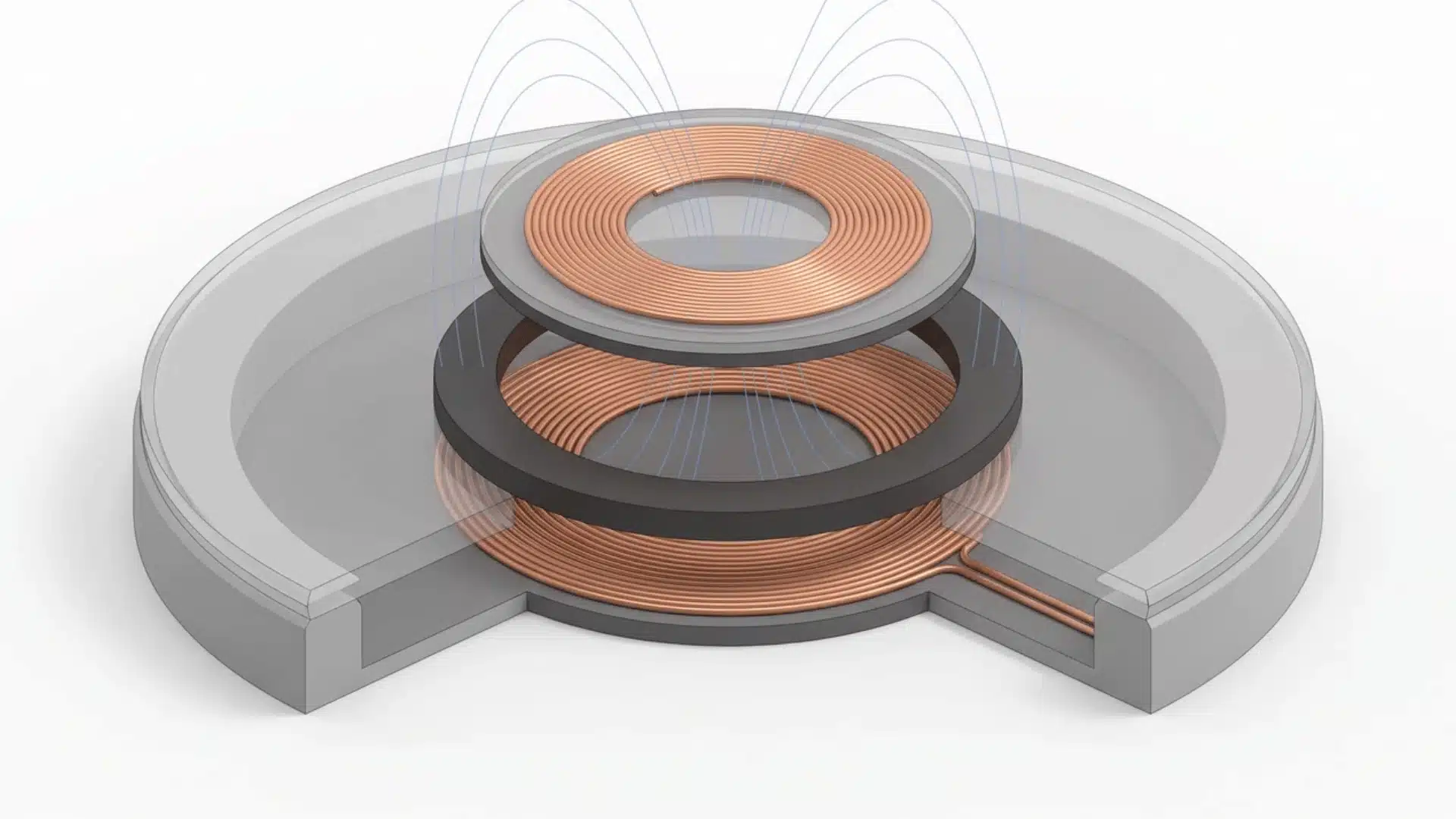 Ring magnets holding a smartphone receiver coil directly above a charging pad transmitter coil