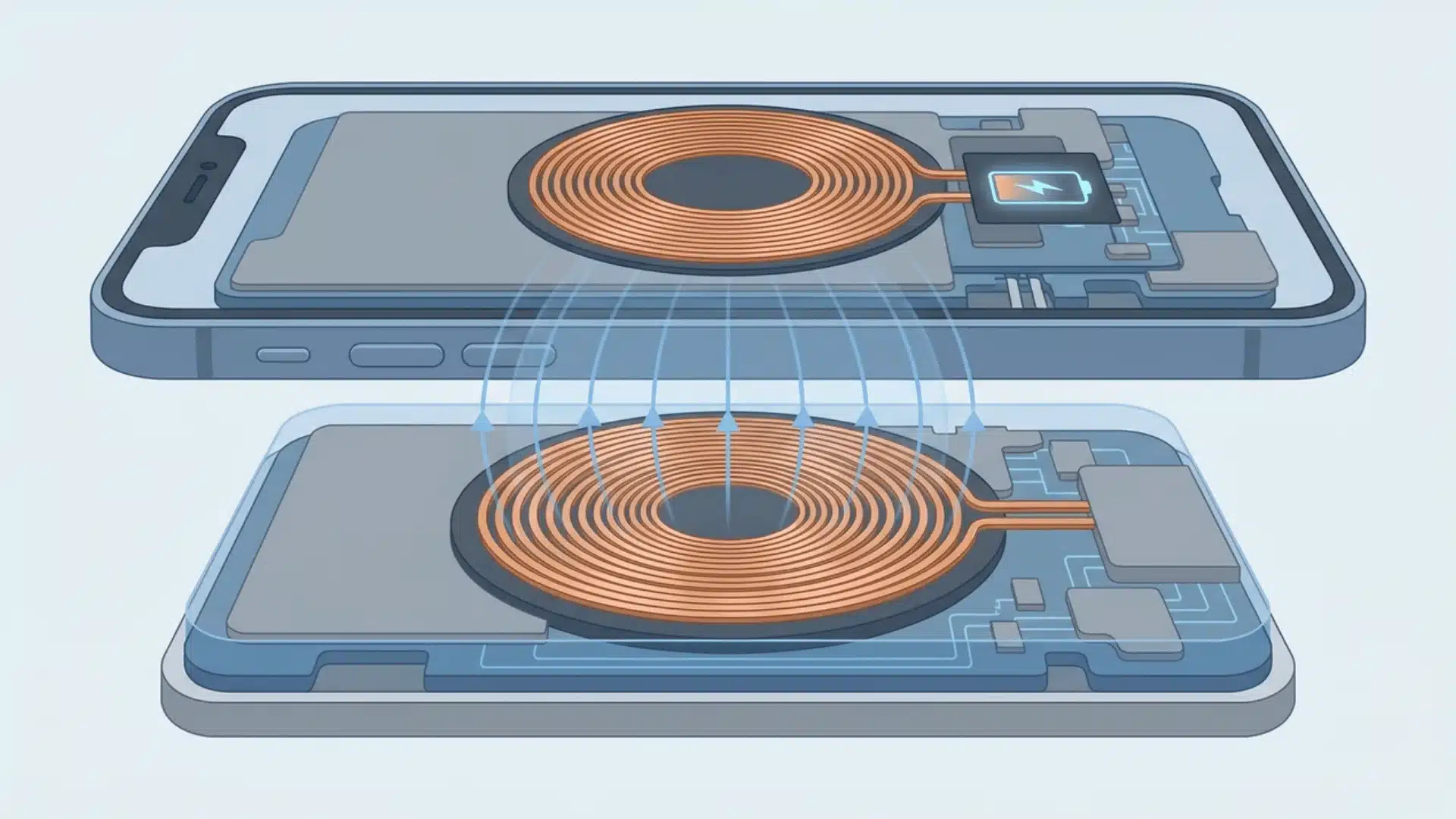 Smartphone receiver coil positioned above a powered transmitter coil inside a wireless charging pad