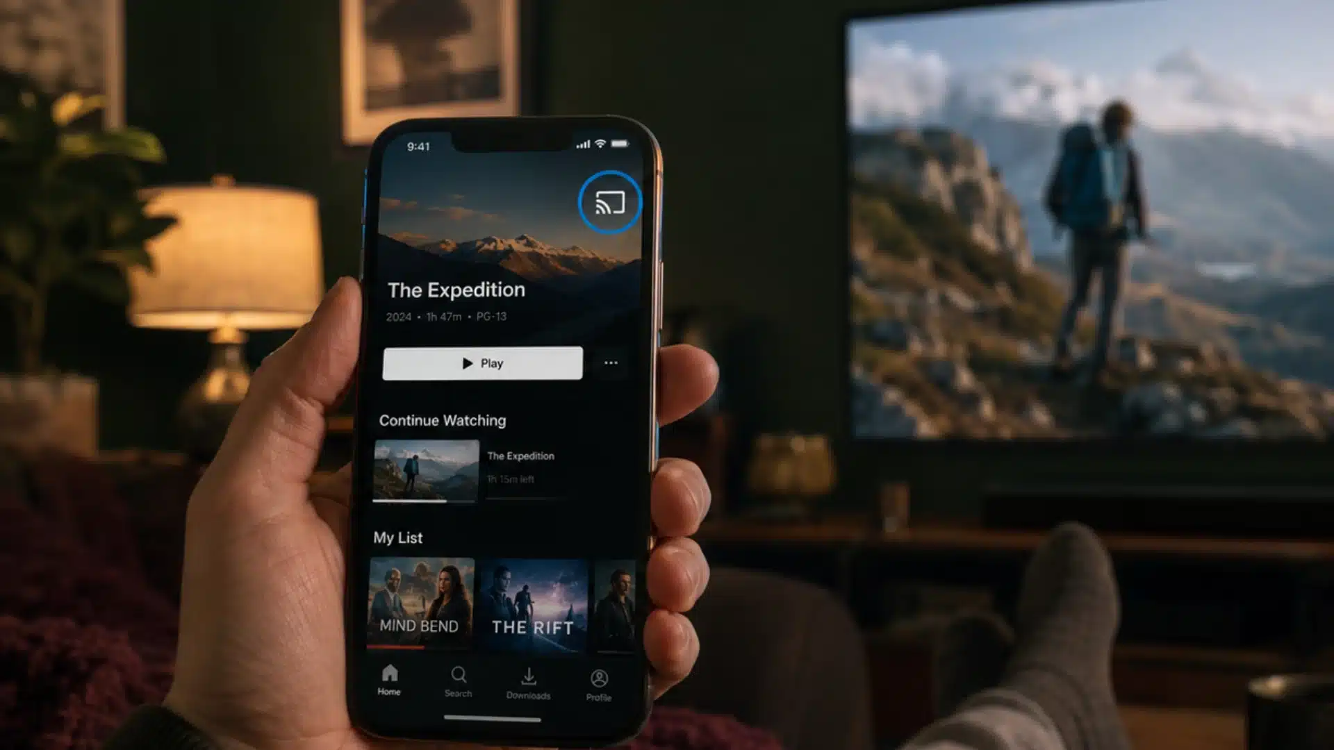 Person casting a video from an iPhone app to a TV while phone stays free to use