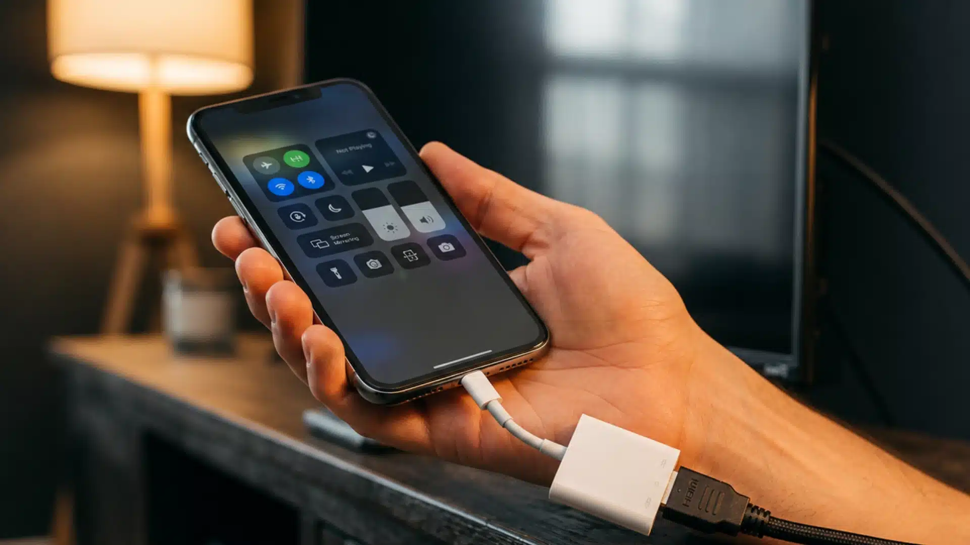 Hand plugging a Lightning to HDMI adapter into an iPhone for a wired TV connection