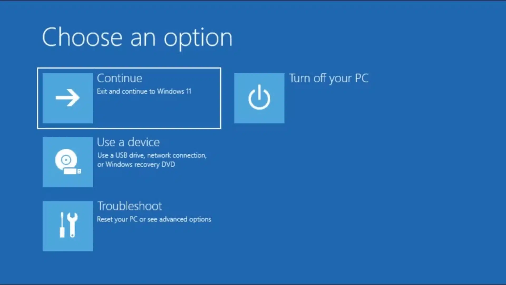 Windows recovery menu with Continue, Use a device, Troubleshoot, and Turn off your PC options.