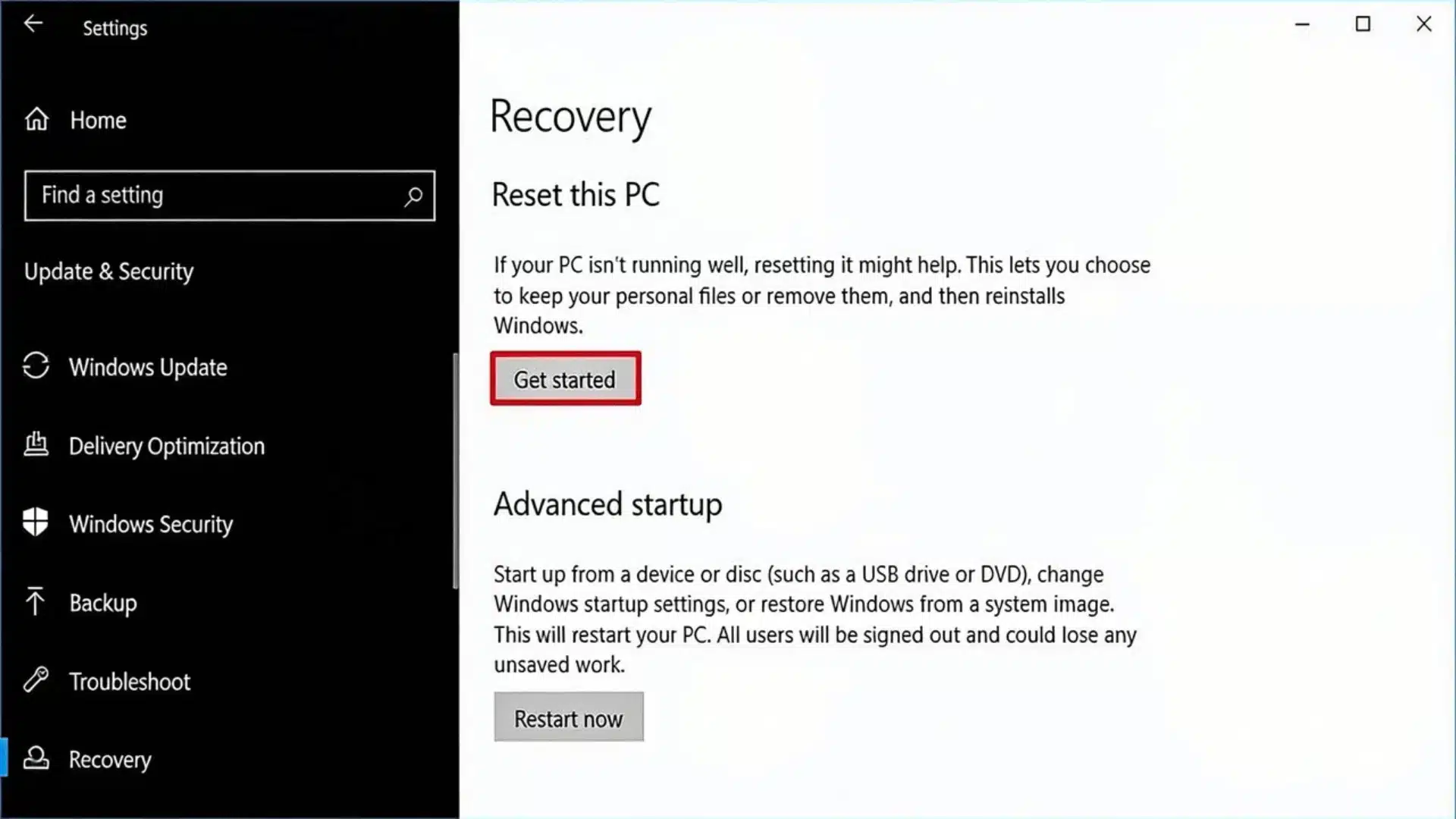 Windows Recovery settings showing the Reset this PC option and Get started button.