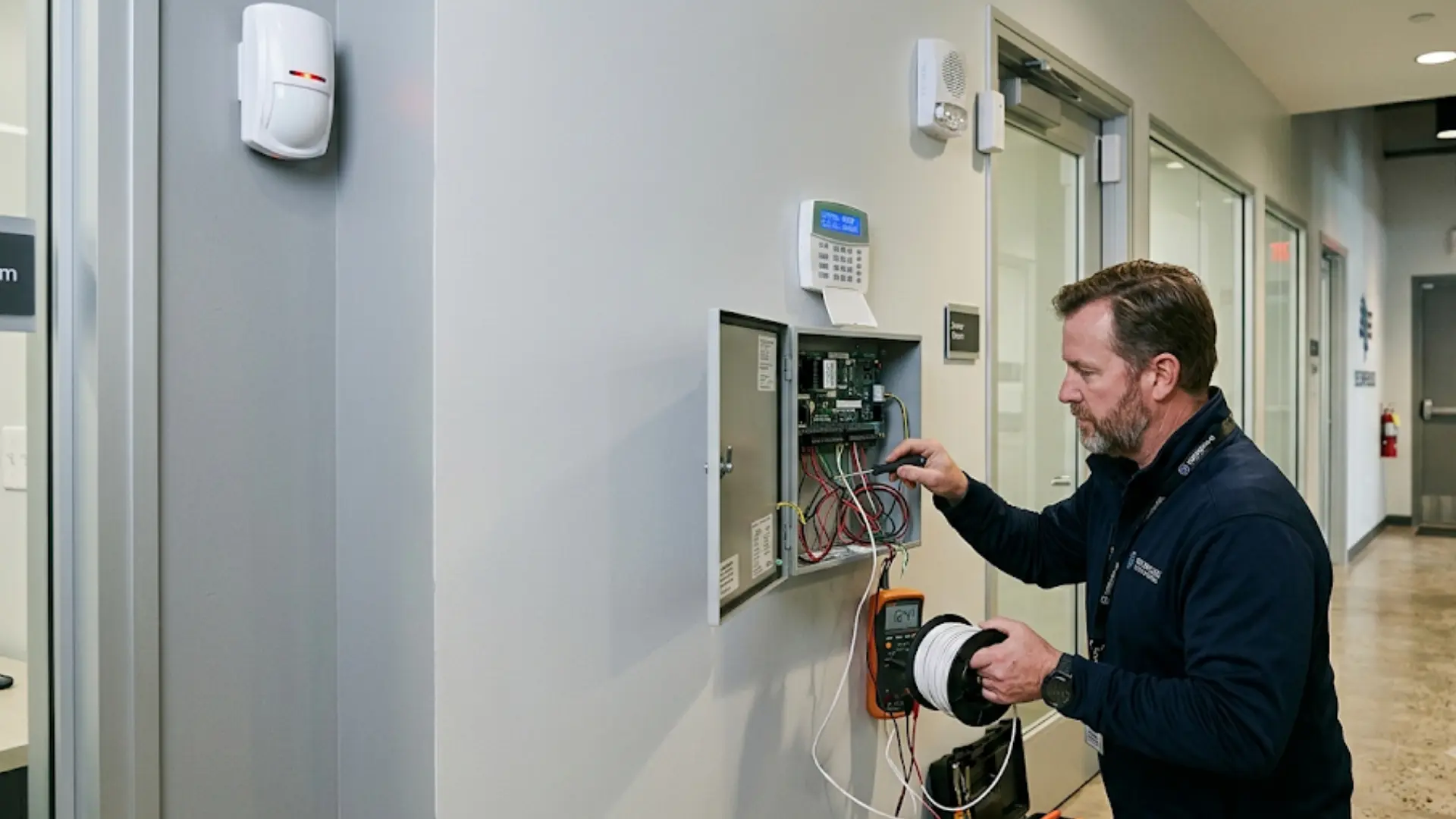 technician installing and testing a commercial building's intrusion alarm system control panel and wall-mounted motion sensors