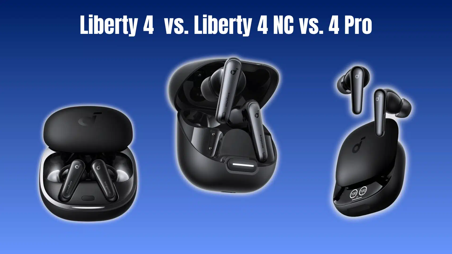 Comparison graphic of Soundcore Liberty 4, Liberty 4 NC, and Liberty 4 Pro earbuds.