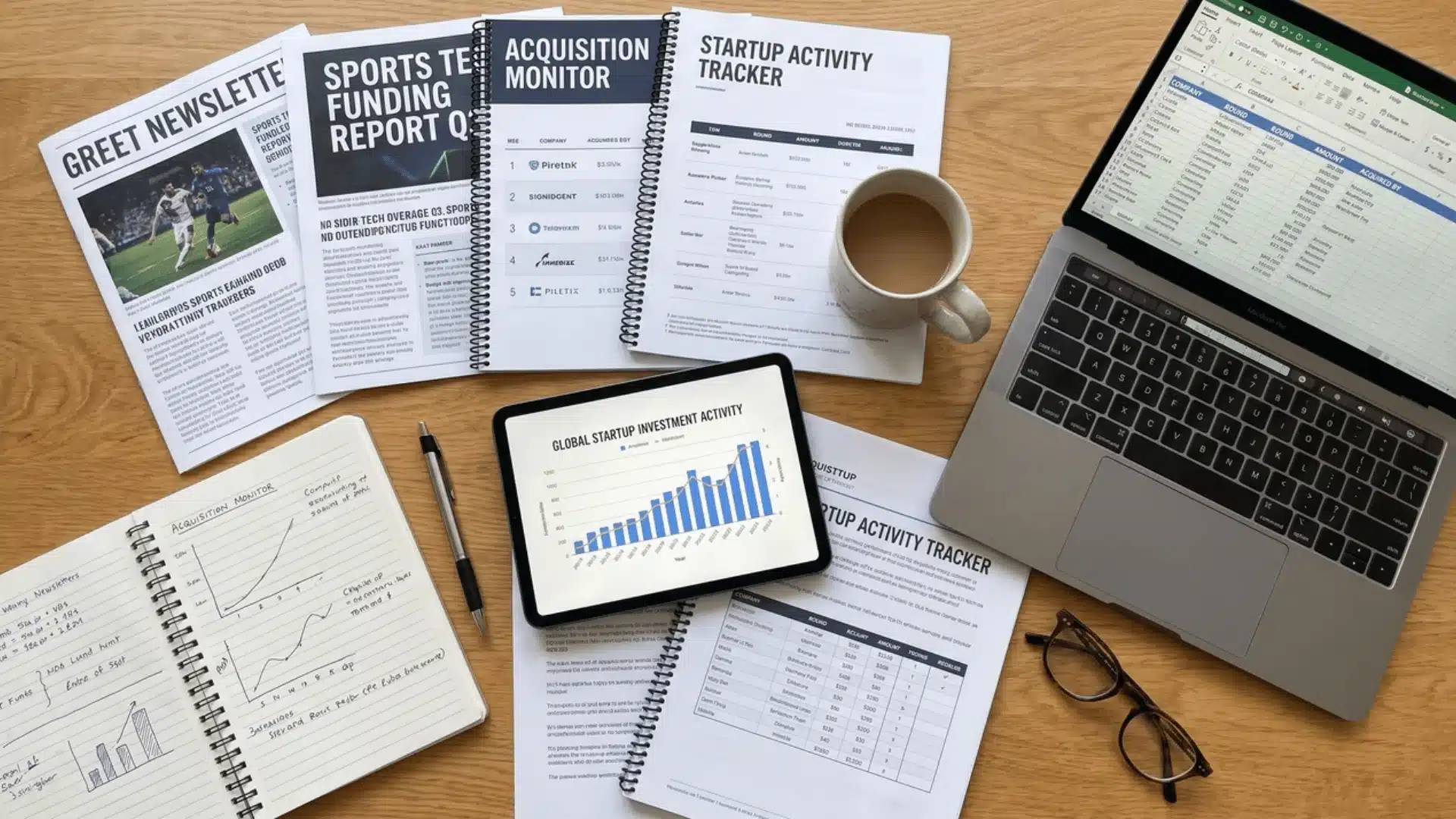 Sports technology newsletters and reports on a desk