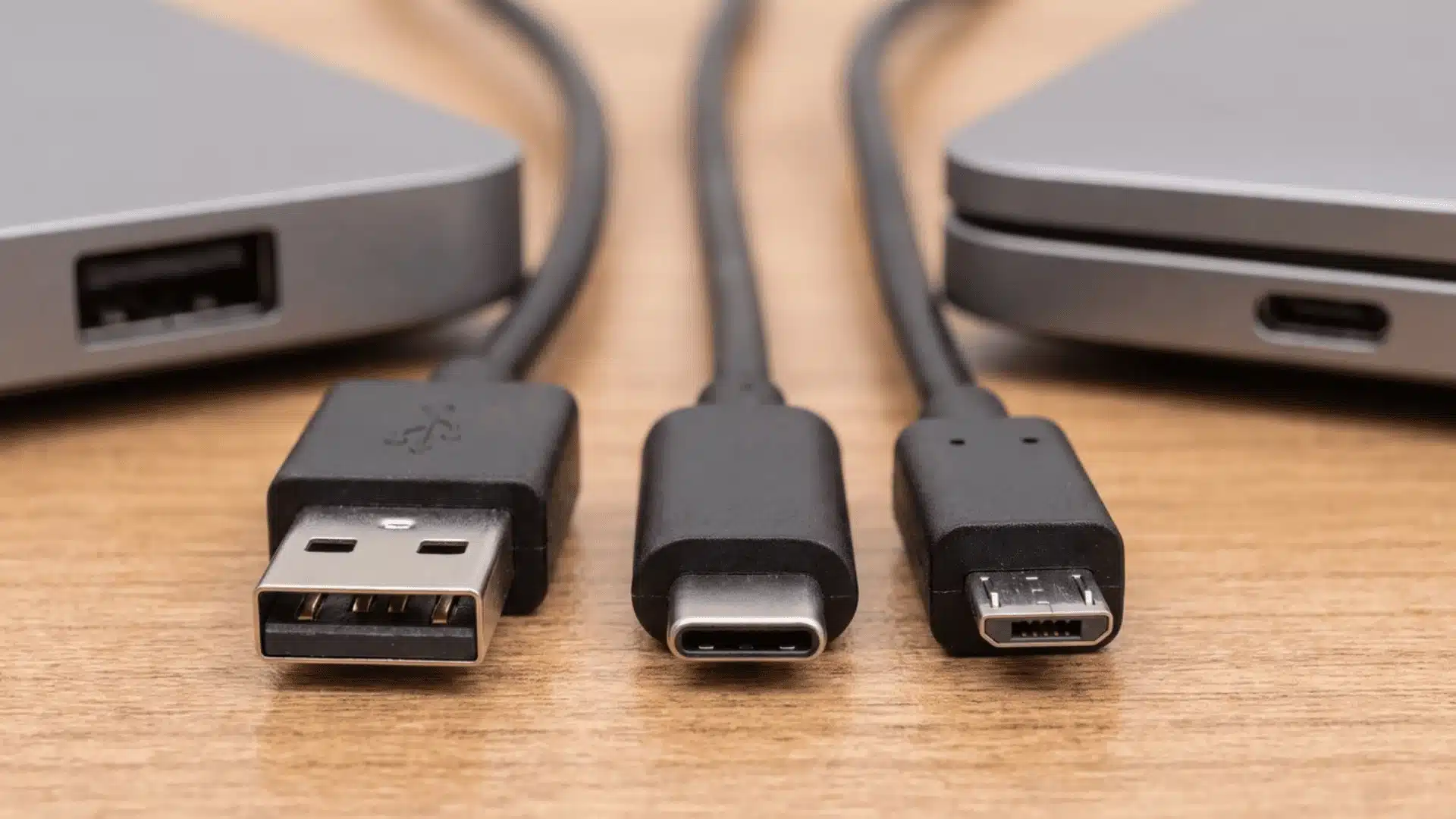 USB-A, USB-C, and Micro-USB plugs placed side by side on a desk