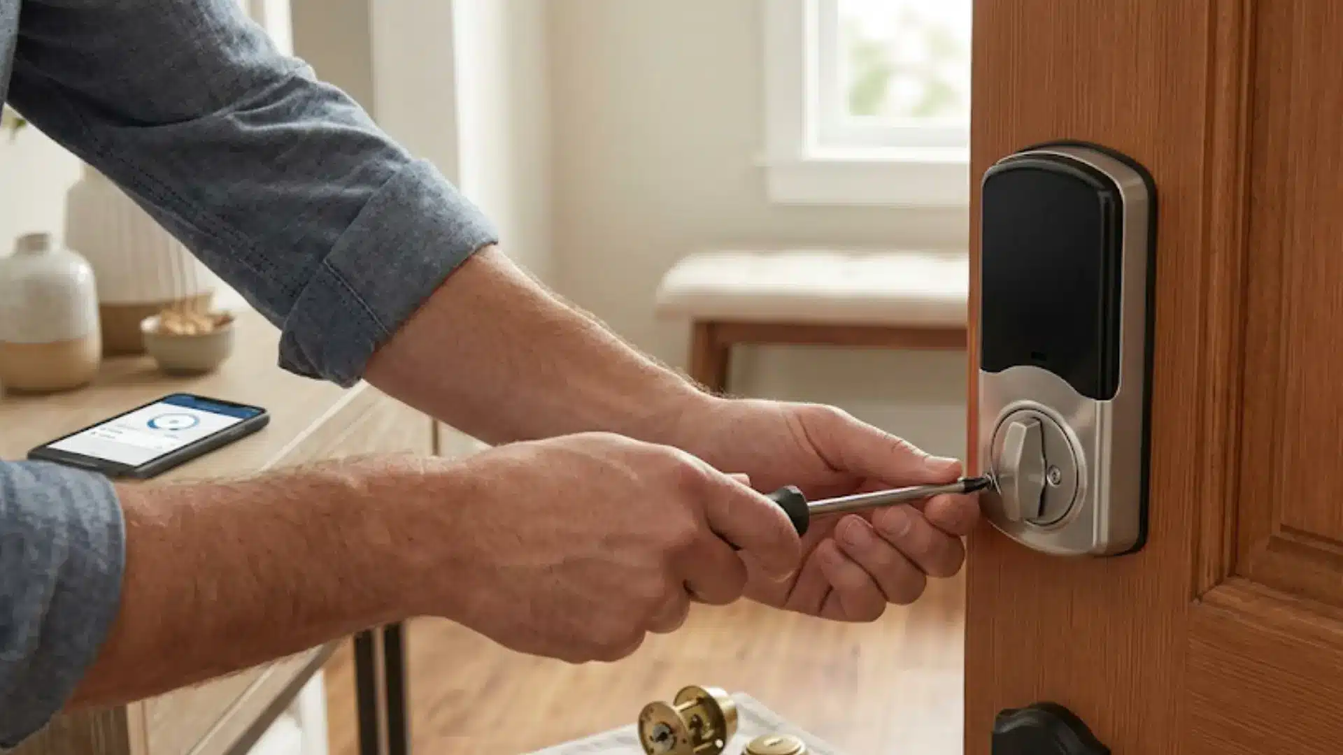 person installing the interior unit of a smart lock on a wooden door using a Phillips screwdriver