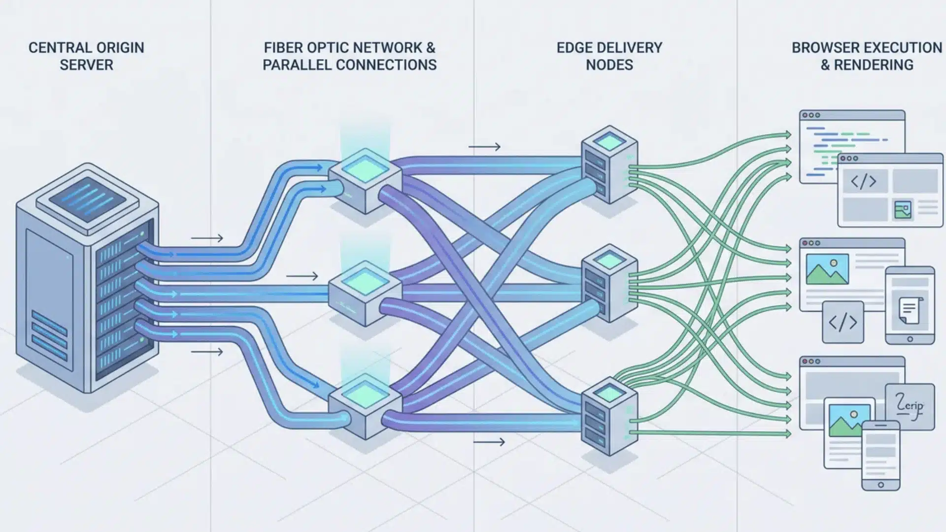 Origin server sends data through parallel fiber paths to edge nodes and browsers