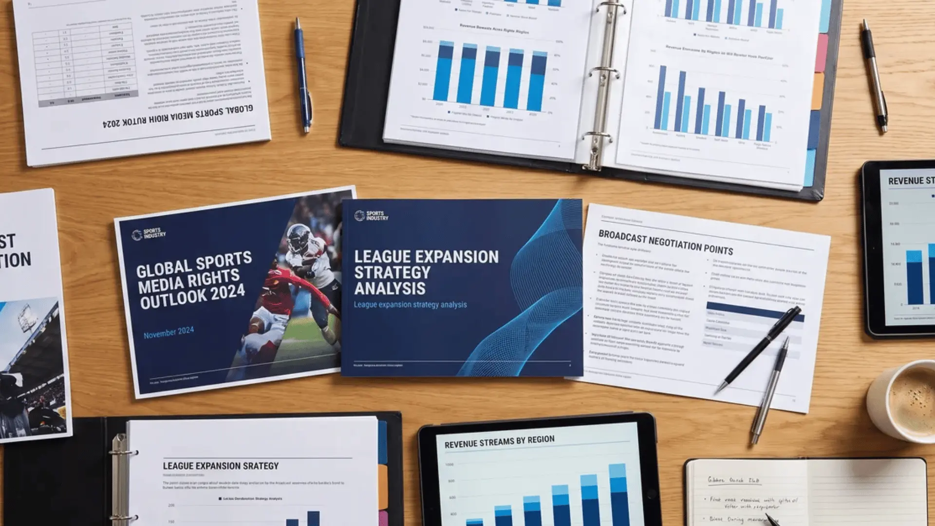 Sports business reports and documents on a desk