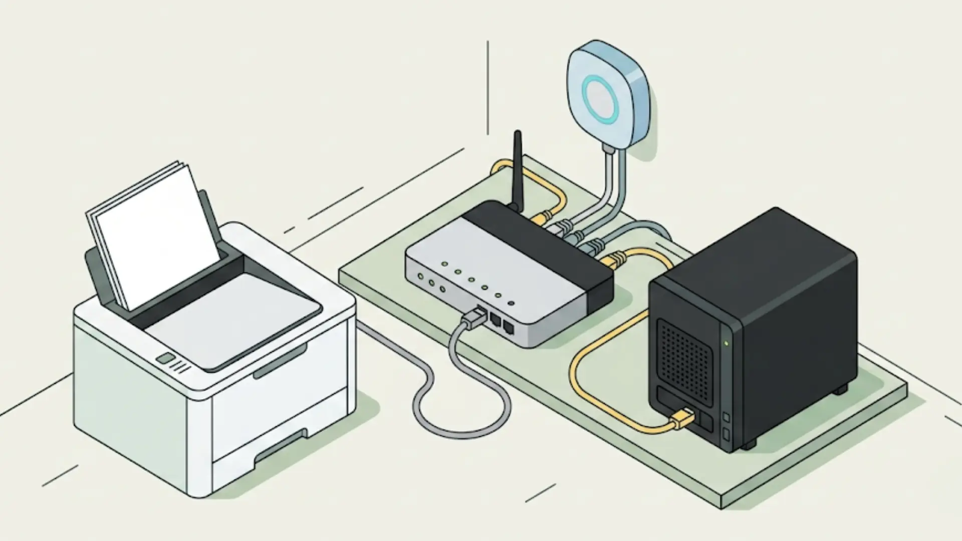 illustration of an isolated local network, showing a printer, smart hub, and shared drive wired to a router