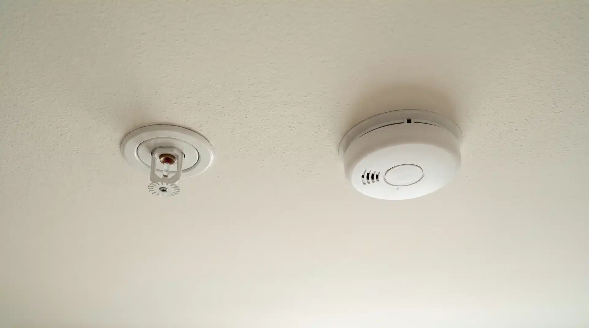 Sprinkler head and smoke alarm mounted on the same home ceiling
