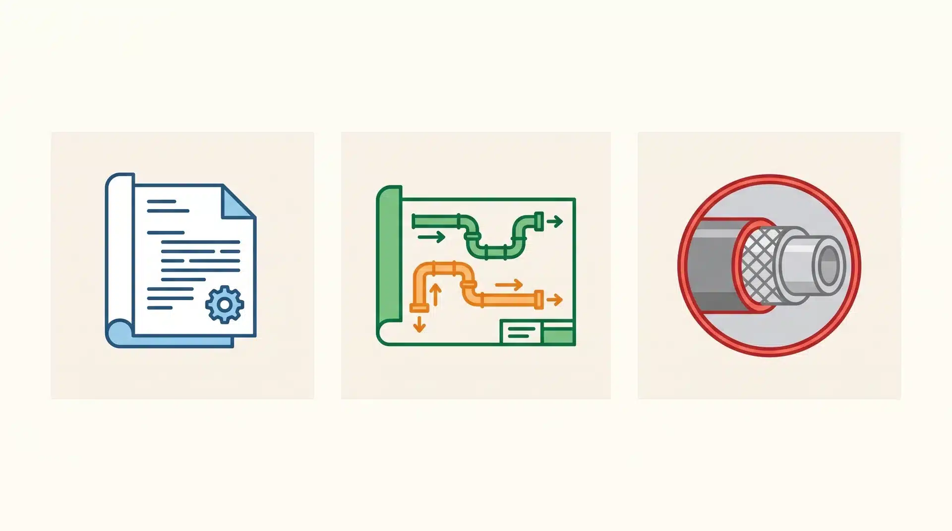 Diagram of three icons for sprinkler code, piping layout, and pipe material