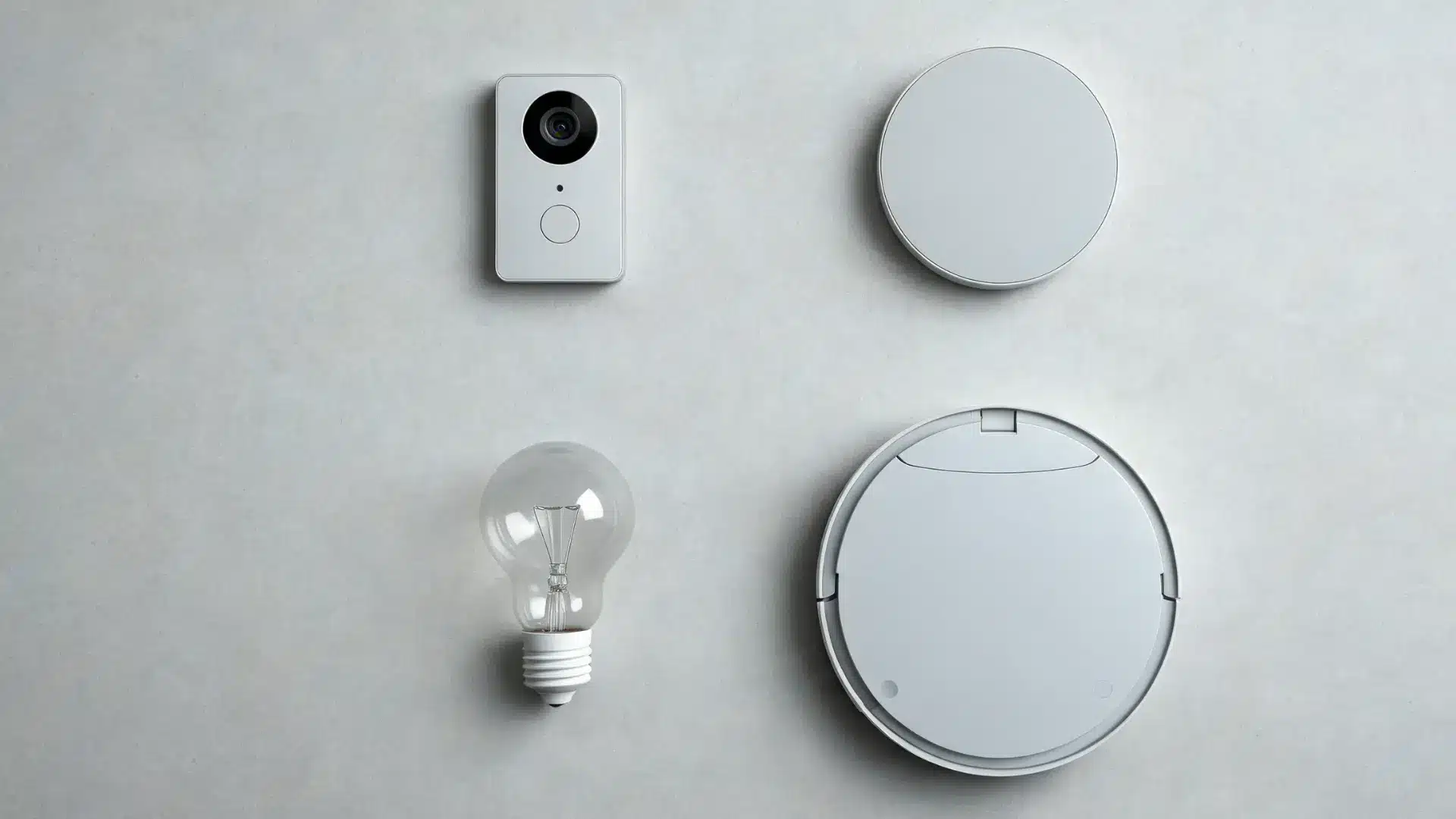 Video doorbell, smart thermostat, smart bulb, and robotic vacuum arranged on a table