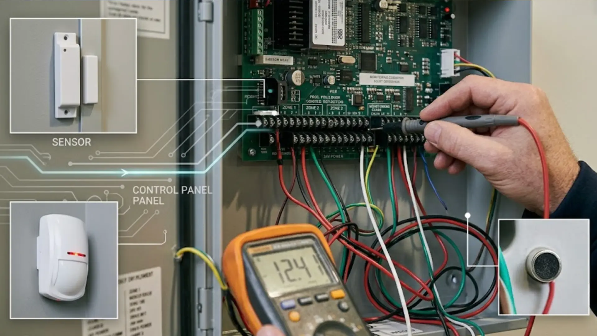 technician testing an open security control panel with a multimeter, showing insets of connected door contact sensors and cloud integration