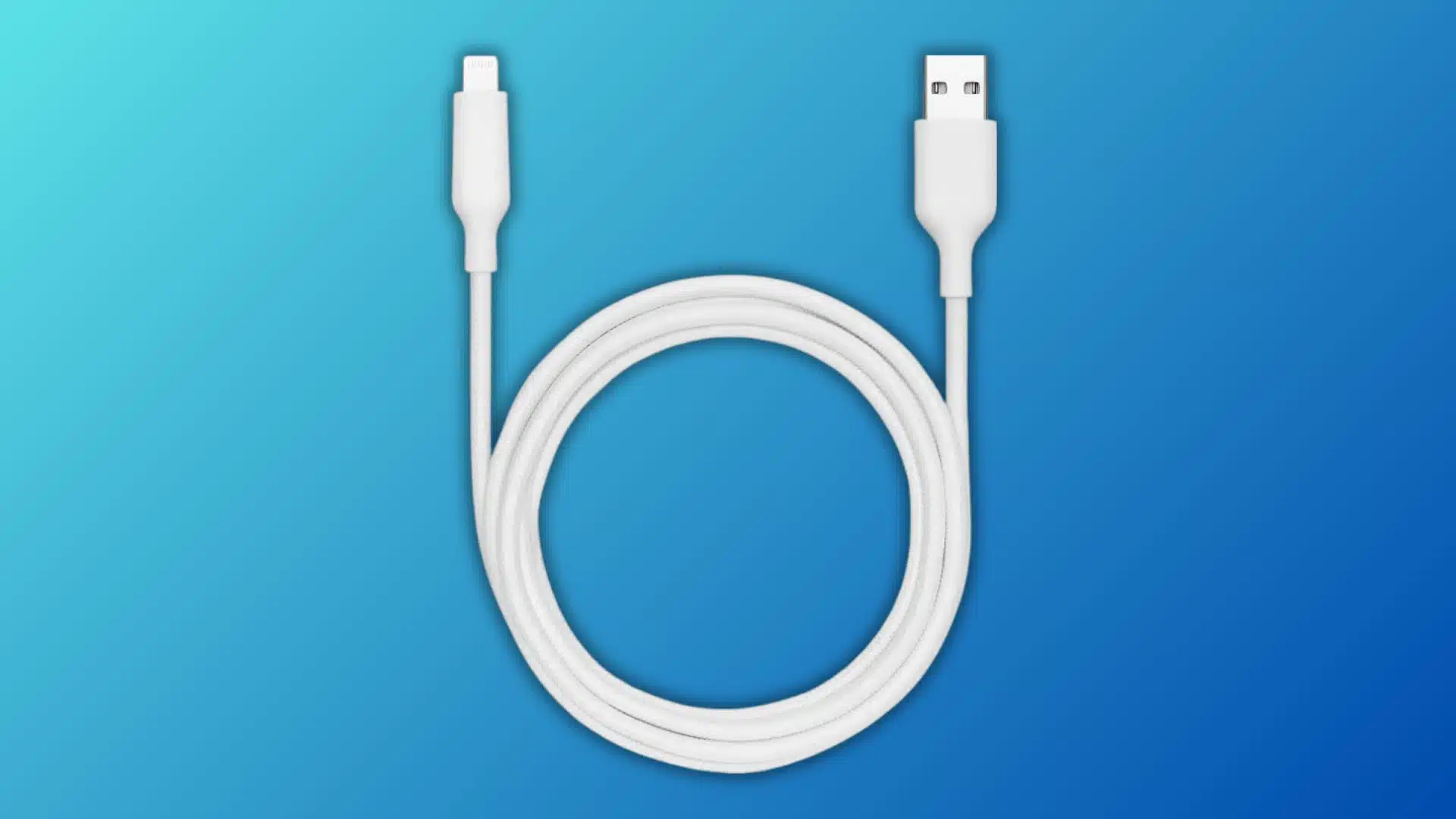 Coiled white Lightning-to-USB cable centered against a bright blue gradient background.