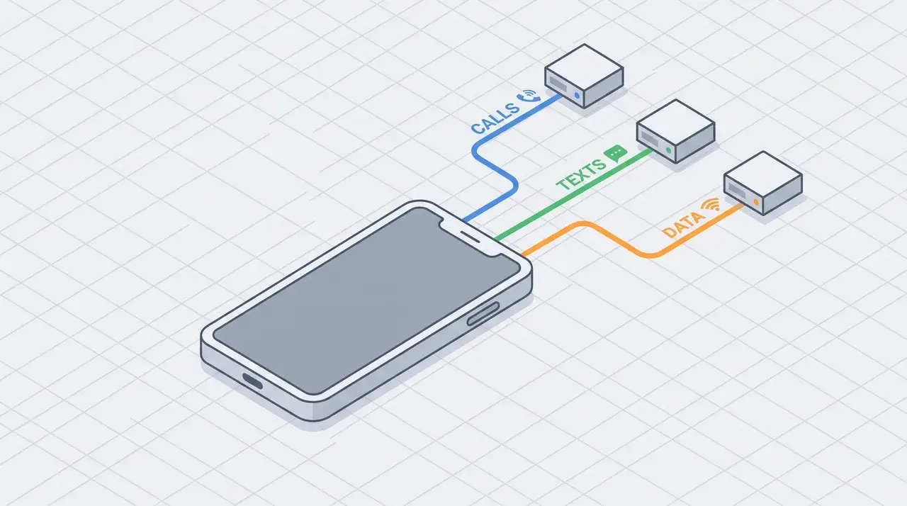 Diagram of a phone with separate connection paths for calls, texts, and data