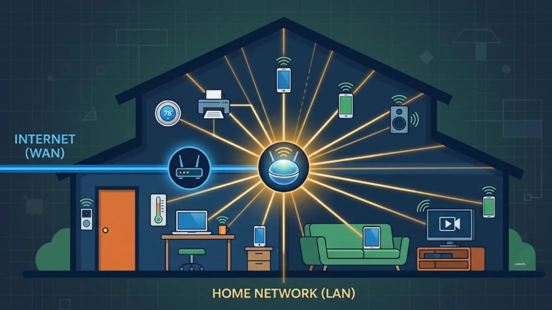 diagram showing a central router in a house, connecting various smart devices to the wider internet via a modem