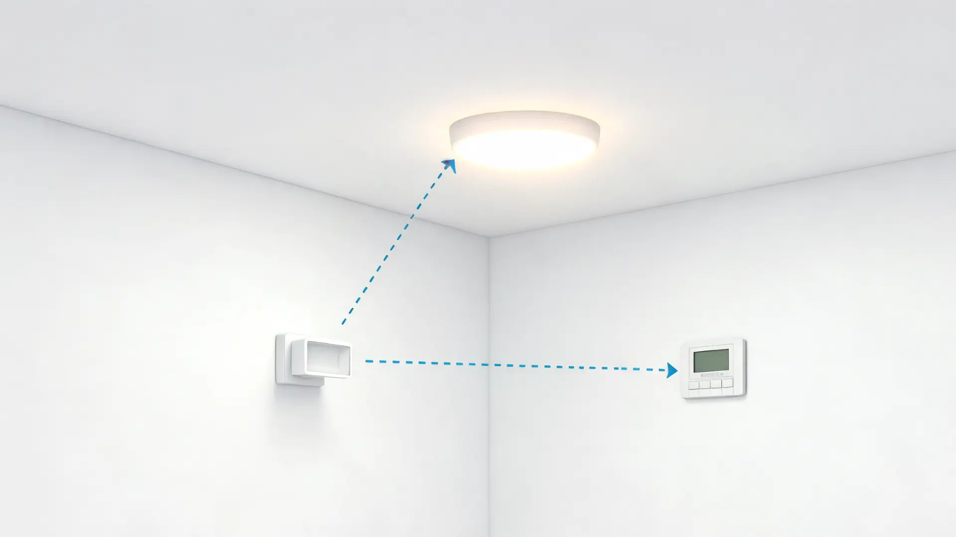 Motion sensor connected to a smart light and thermostat via wireless signal lines