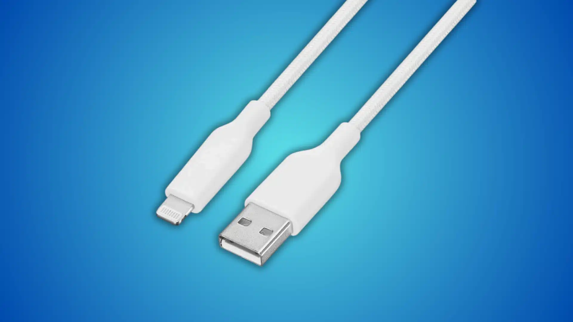 Close-up of Lightning and USB-A connectors on a white cable against a blue gradient.