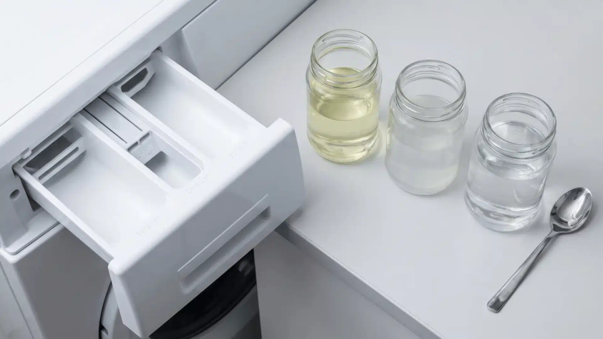 Separate containers of bleach, vinegar, and dissolved citric acid beside a washer dispenser