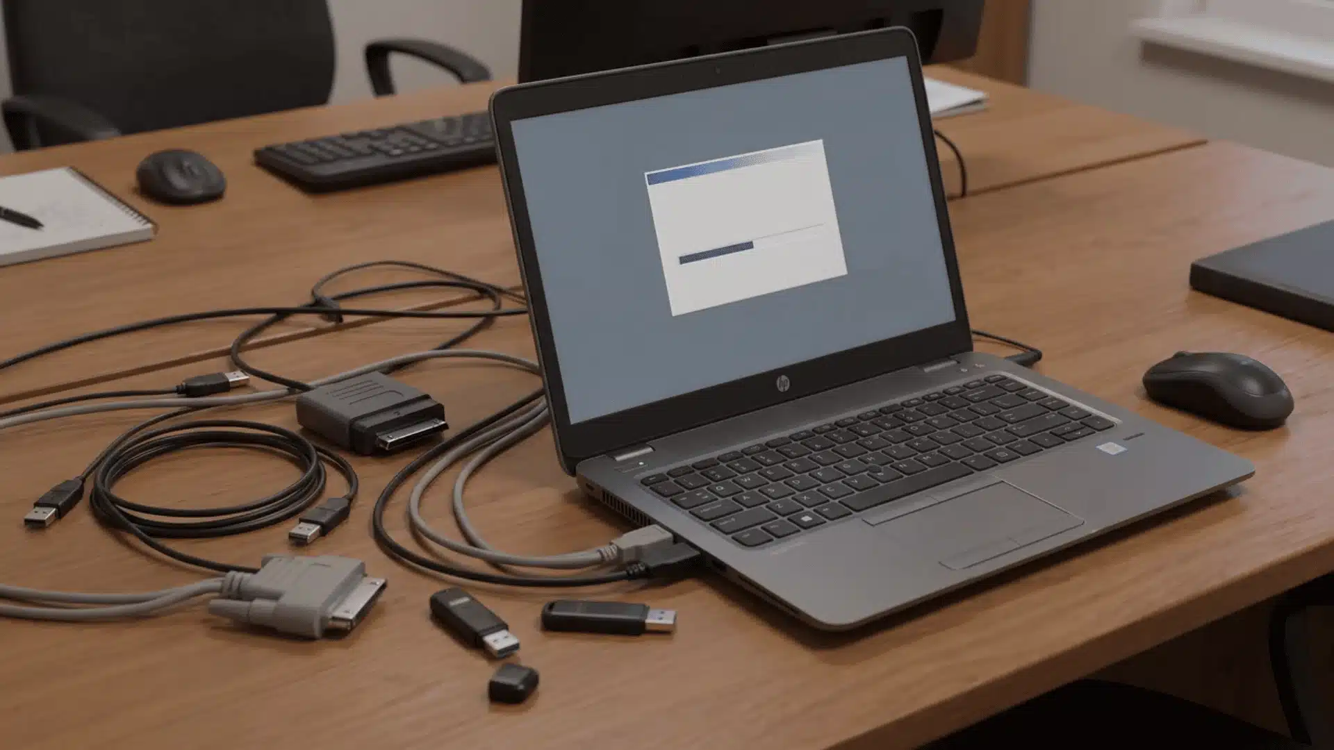 HP laptop surrounded by connected cables and USB drives while a reset progress bar appears.
