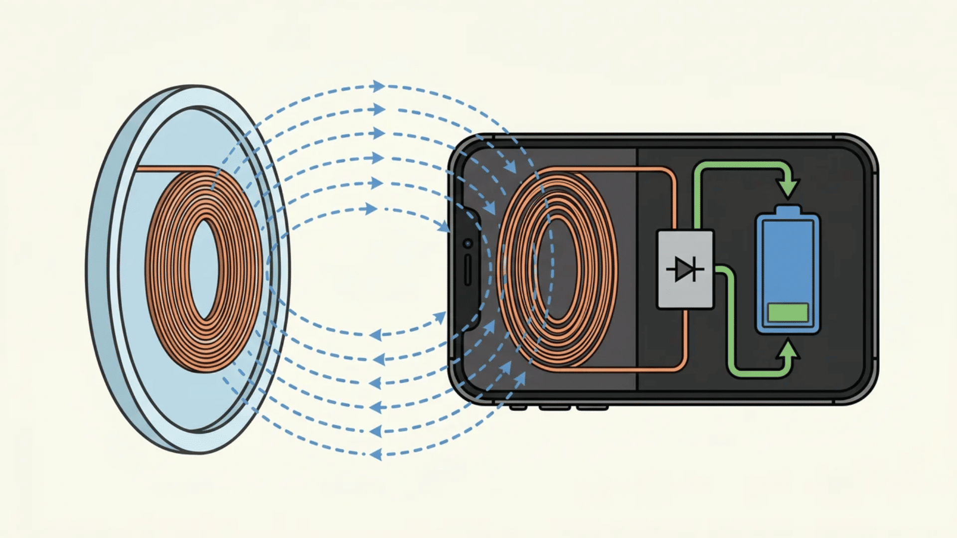 Magnetic field passing between two coils as a rectifier sends power into a phone battery