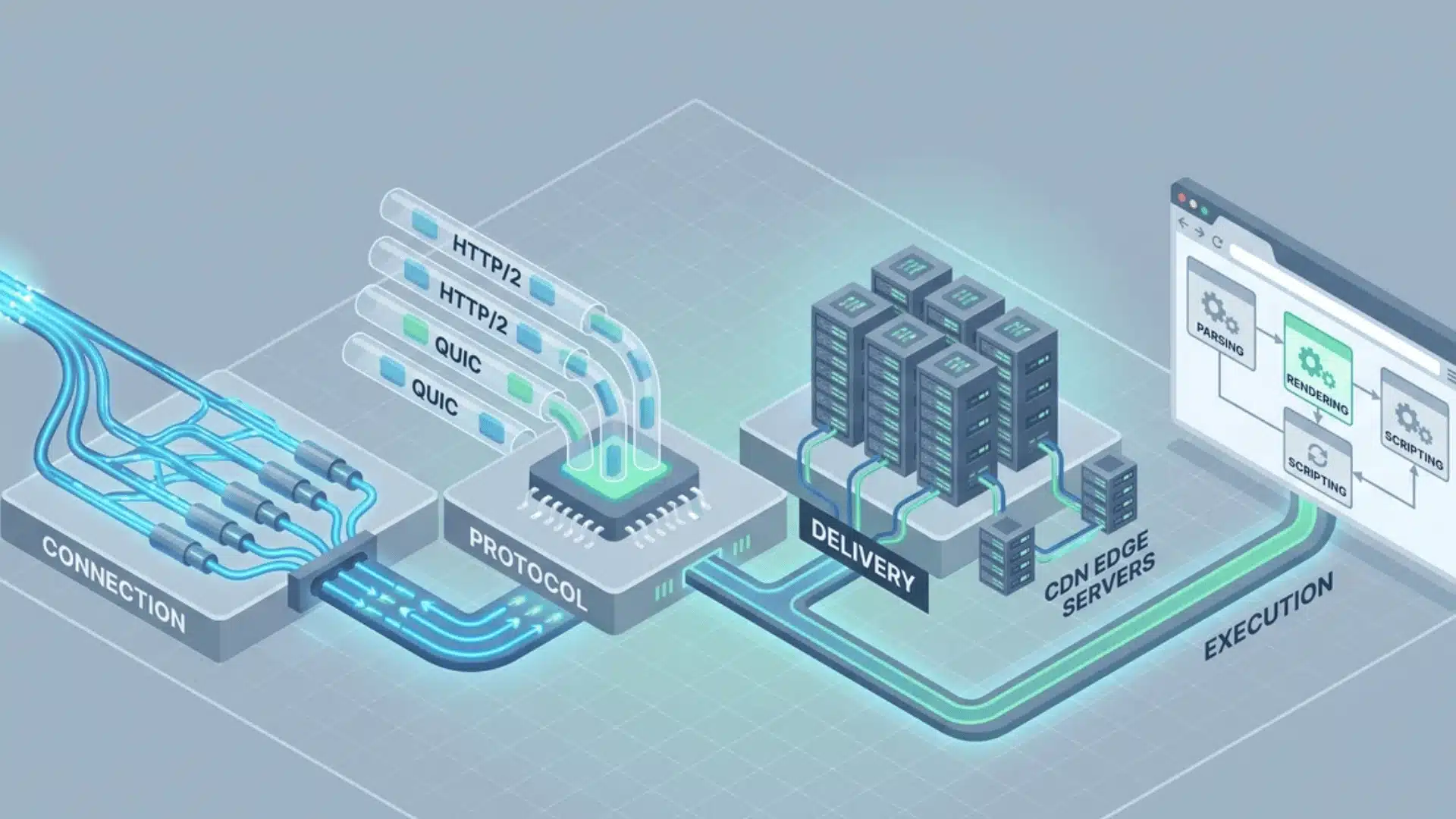 Fiber connections feed HTTP/2 and QUIC, CDN servers, and browser execution