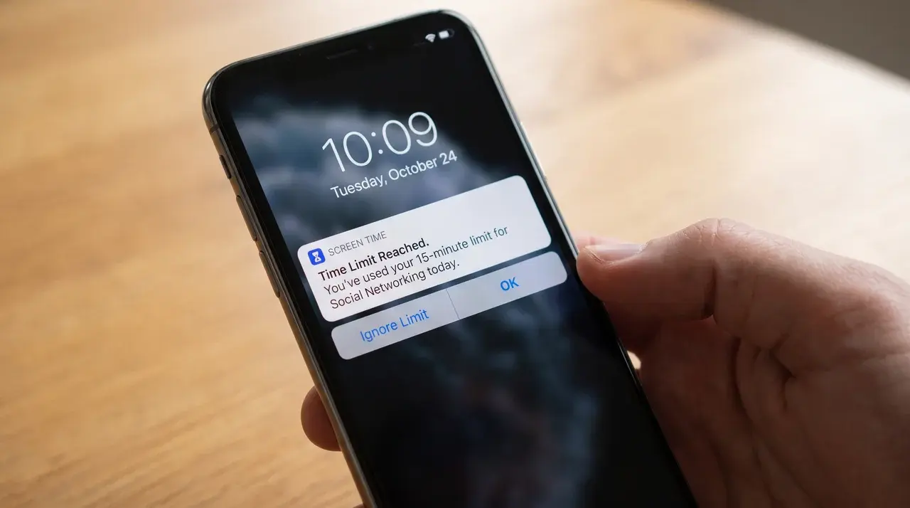 iPhone held at an angle showing an illuminated lock-style screen notice
