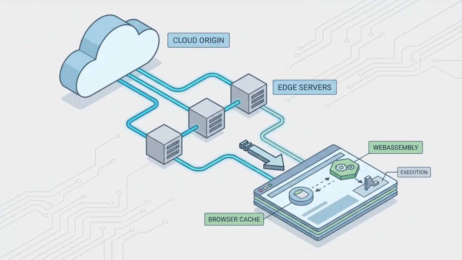 Cloud origin linked to edge servers, browser cache, and WebAssembly execution