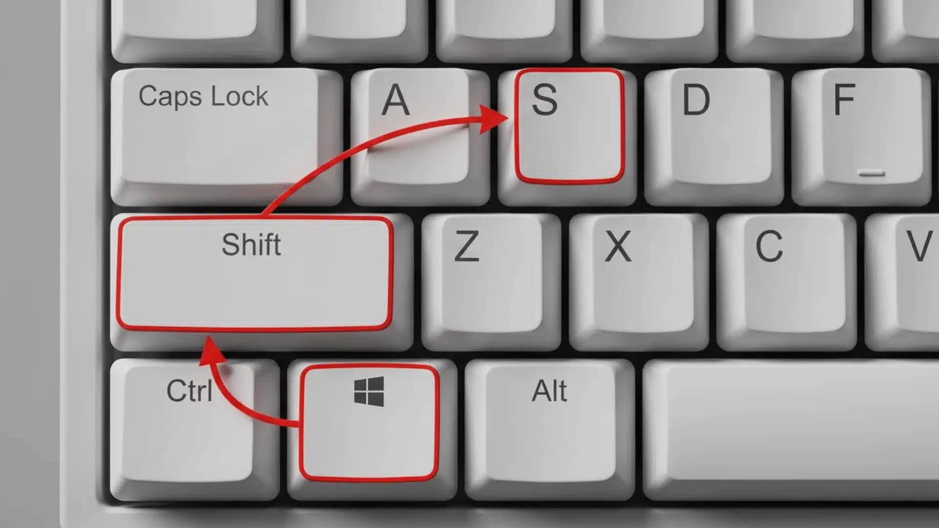 Keyboard highlighting Windows + Shift + S shortcut for opening the Snipping Tool.