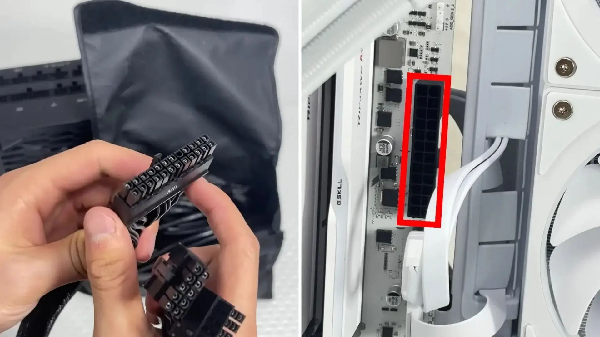 24-pin power cable shown beside the matching motherboard connector during a PC build.