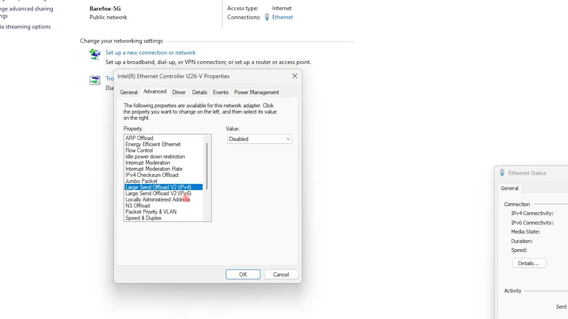 Advanced Ethernet adapter settings window showing network optimization options in Windows