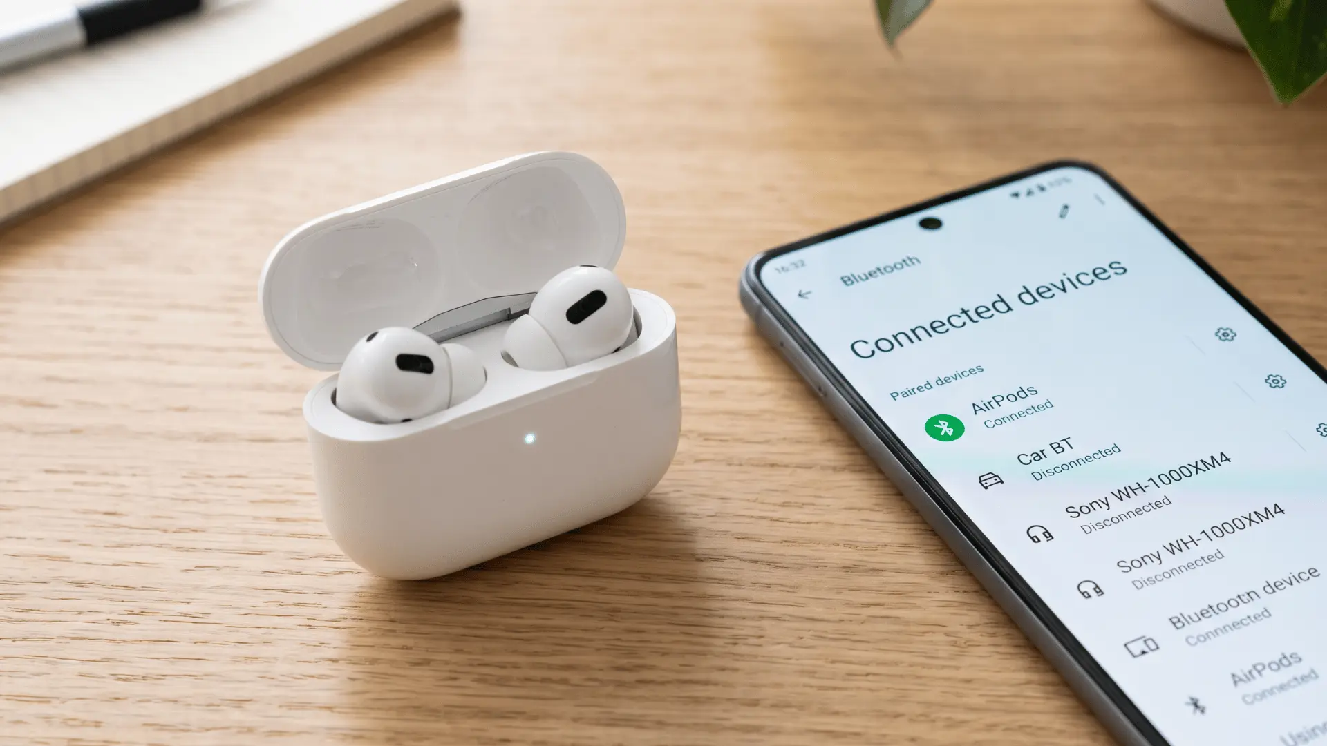 AirPods beside an Android phone showing a successful Bluetooth connection.