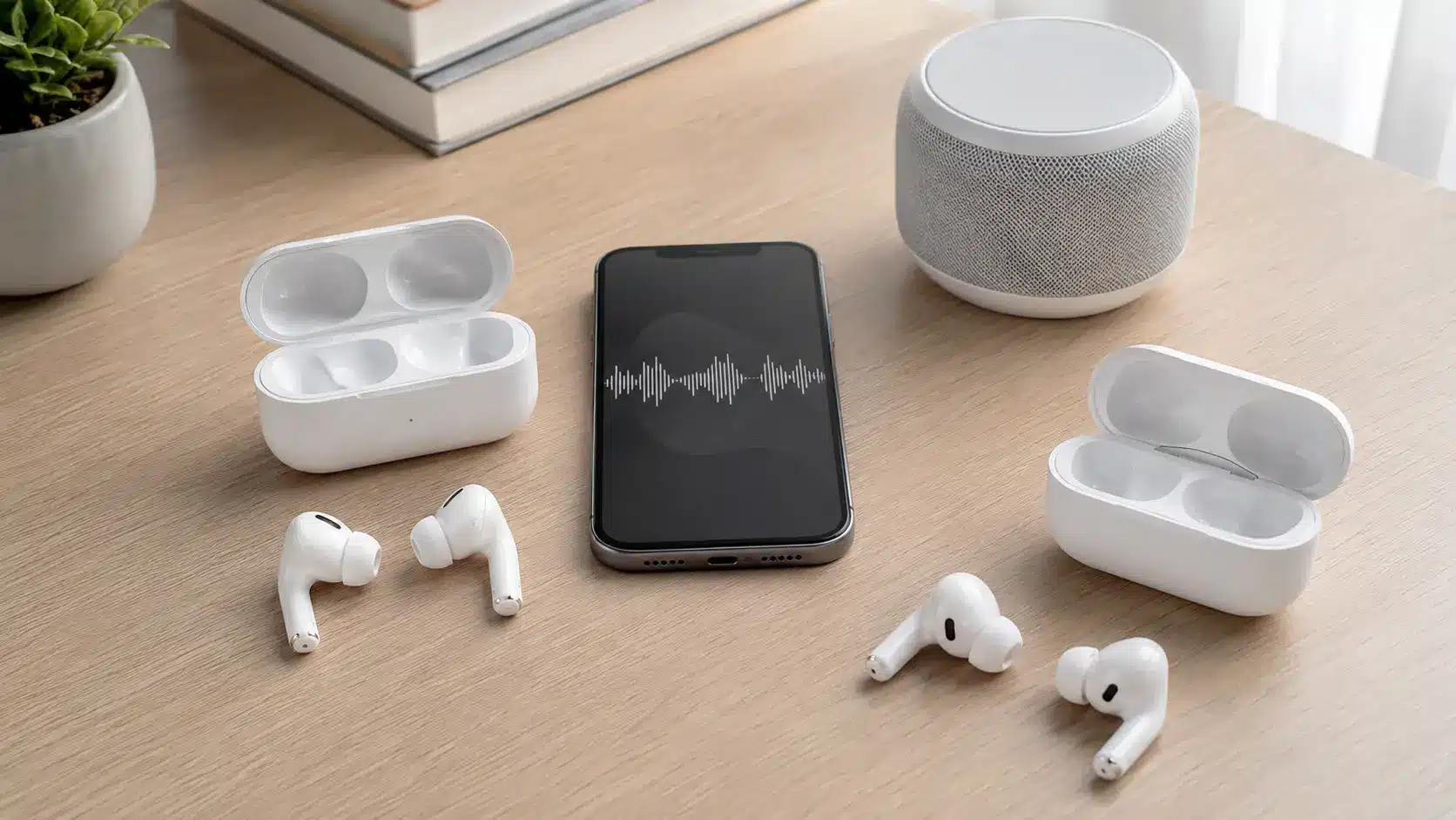 AirPods Pro 3 and Pro 2 beside a smartphone and speaker for comparing music and call quality