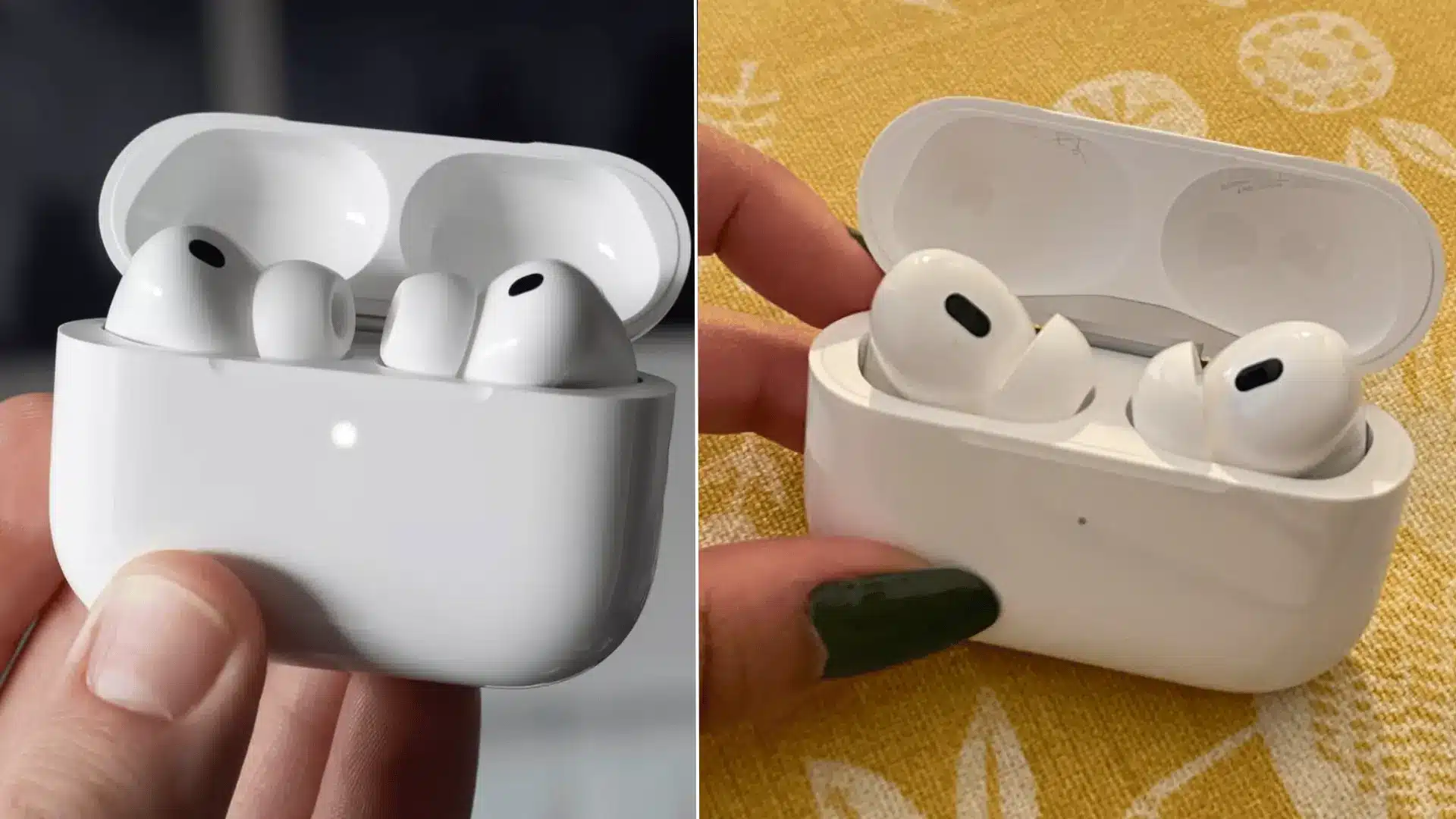 Side-by-side comparison of AirPods Pro 3 and AirPods Pro 2 earbuds inside their open charging cases.