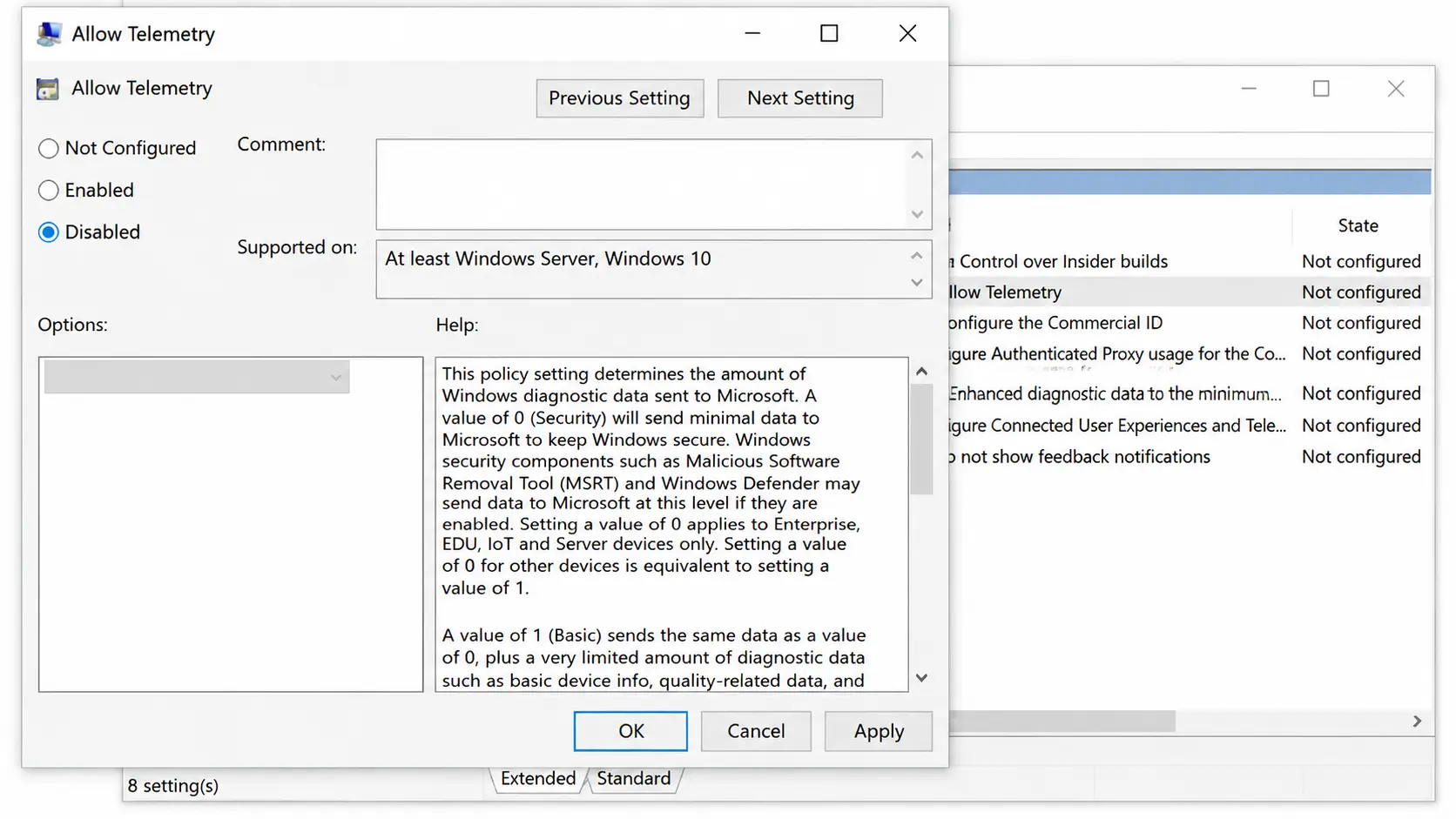 Allow Telemetry settings window in Group Policy Editor with the Disabled option selected.