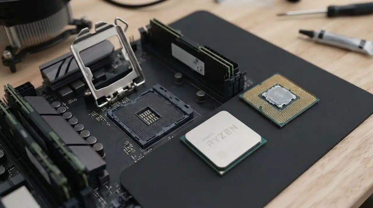 AM4 motherboard socket with replacement CPU nearby
