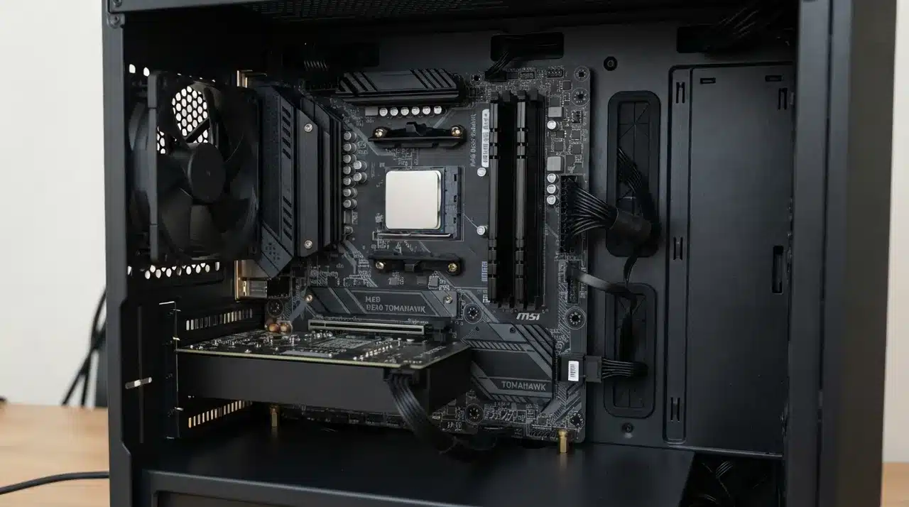 AM4 motherboard with Ryzen processor and DDR4 memory installed