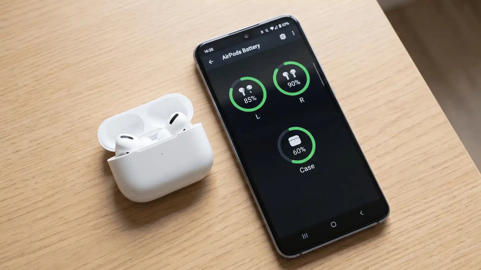 Android phone showing battery levels for AirPods and their charging case.