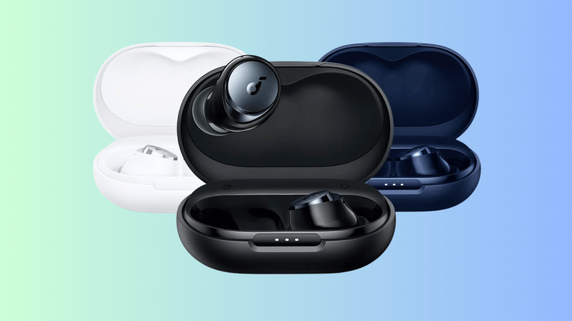 Anker Soundcore Space A40 earbuds in black, white, and blue charging cases with one earbud displayed above.