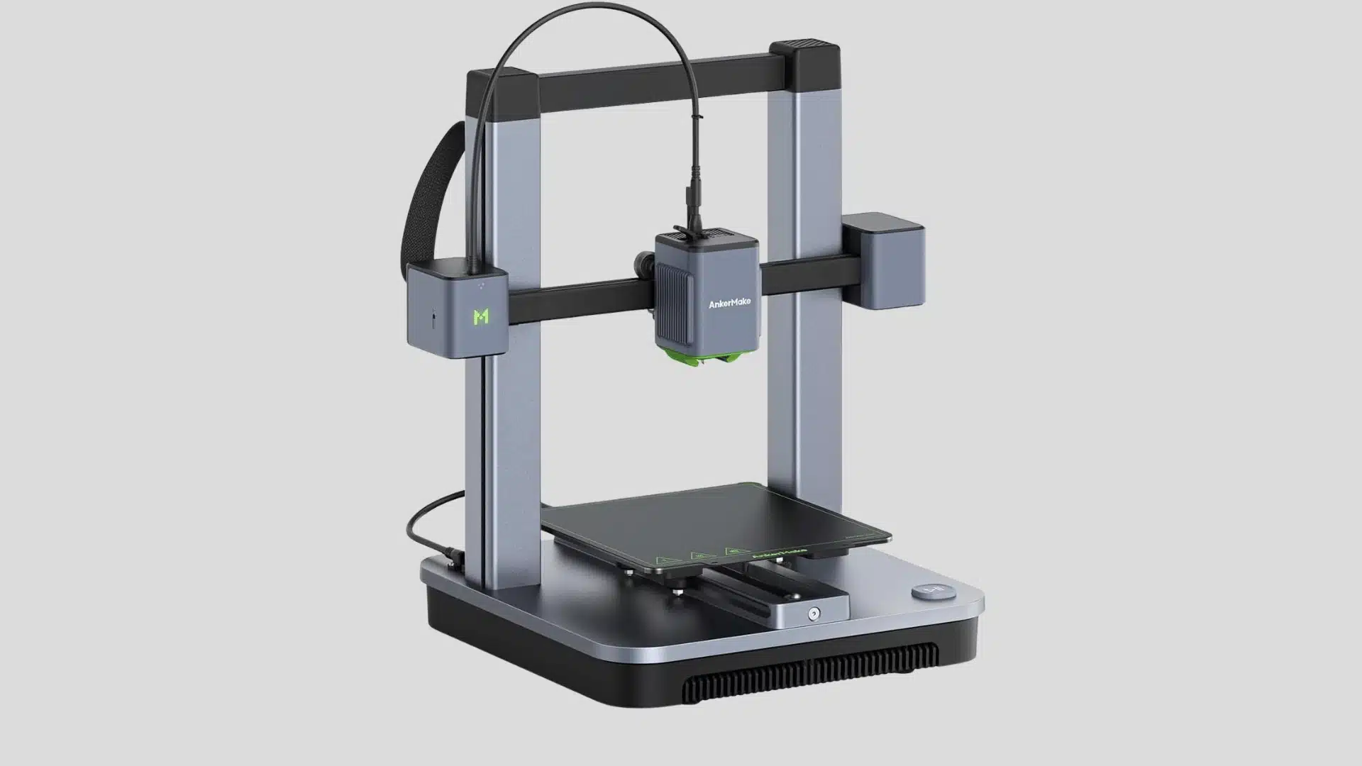 AnkerMake M5C open-frame 3D printer with direct-drive extruder and empty print bed