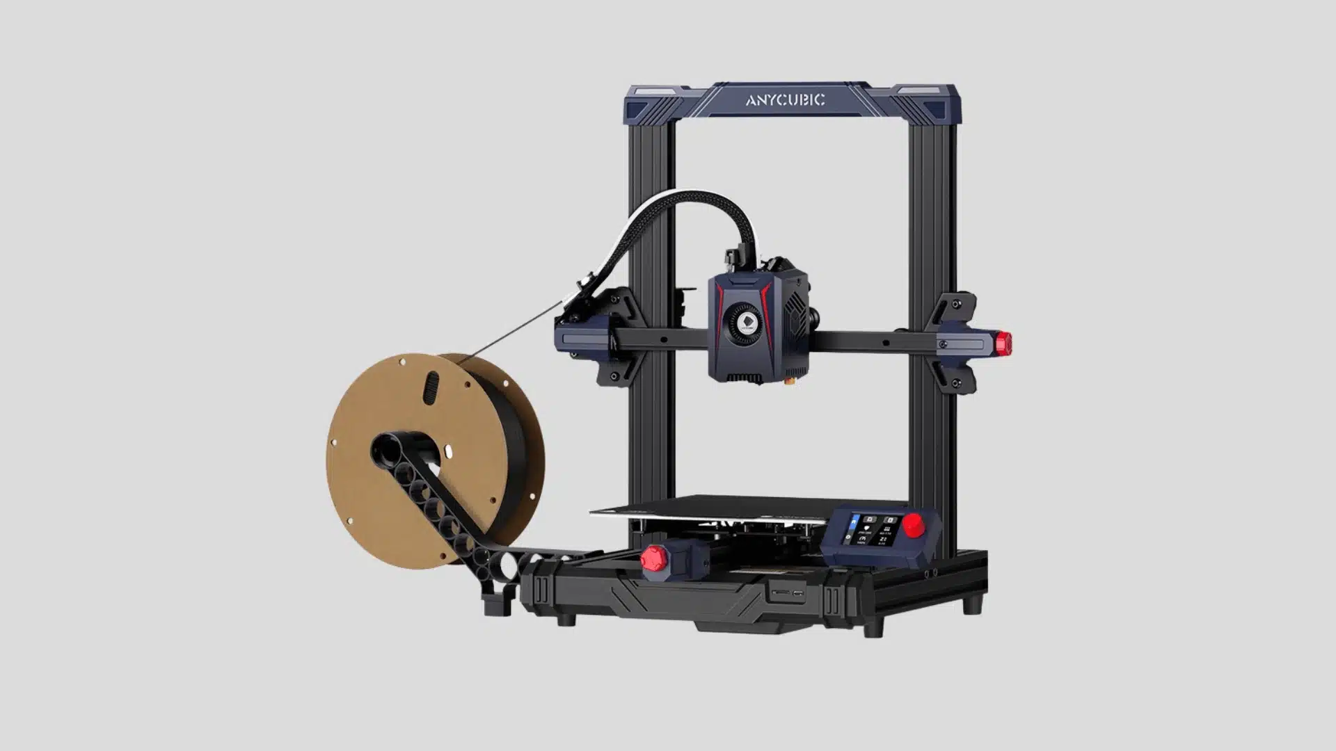 Anycubic Kobra 2 Neo 3D printer with side-mounted filament spool, direct-drive extruder, and control screen