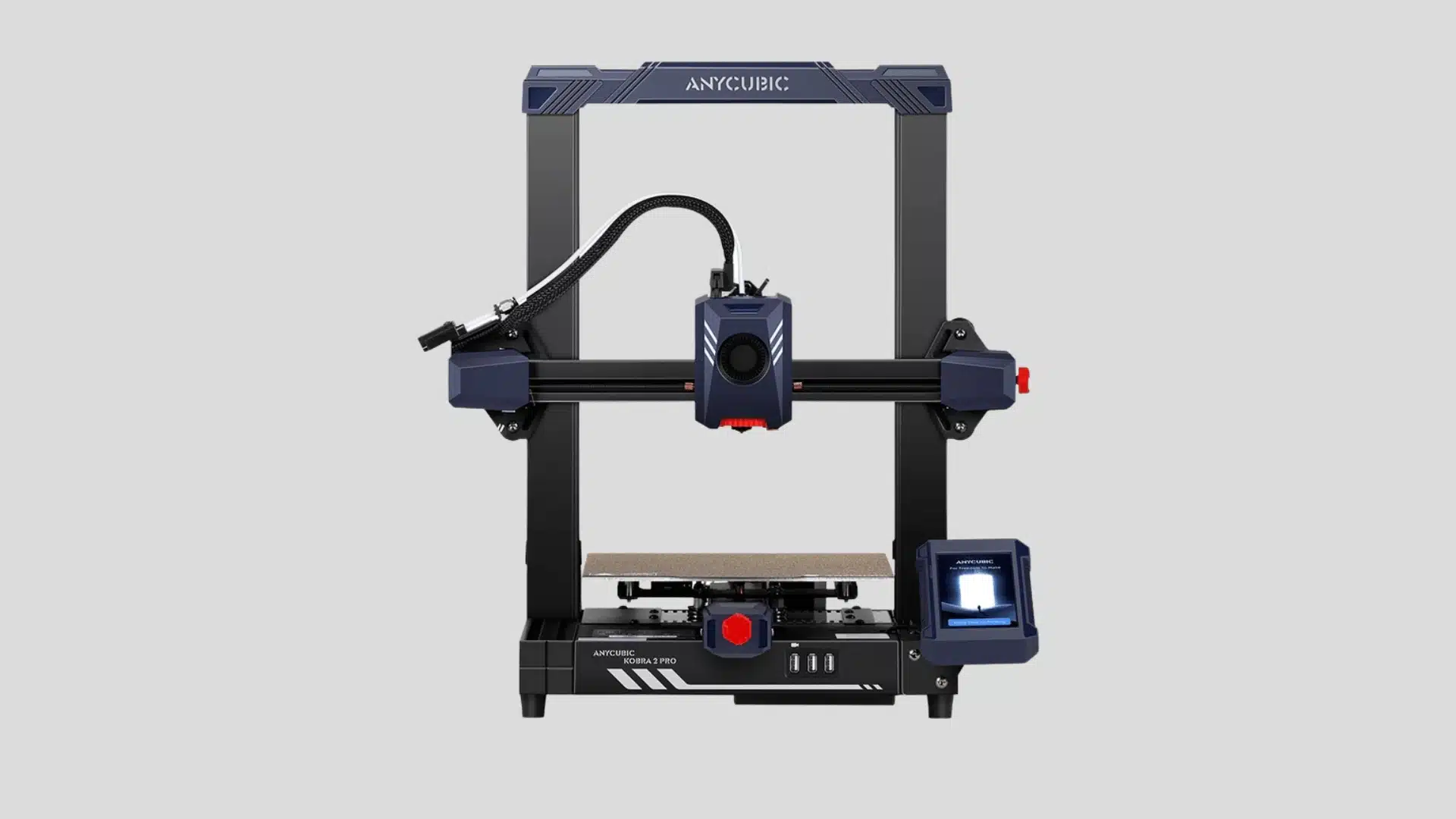 Anycubic Kobra 2 Pro 3D printer with open frame, empty print bed, and touchscreen control panel