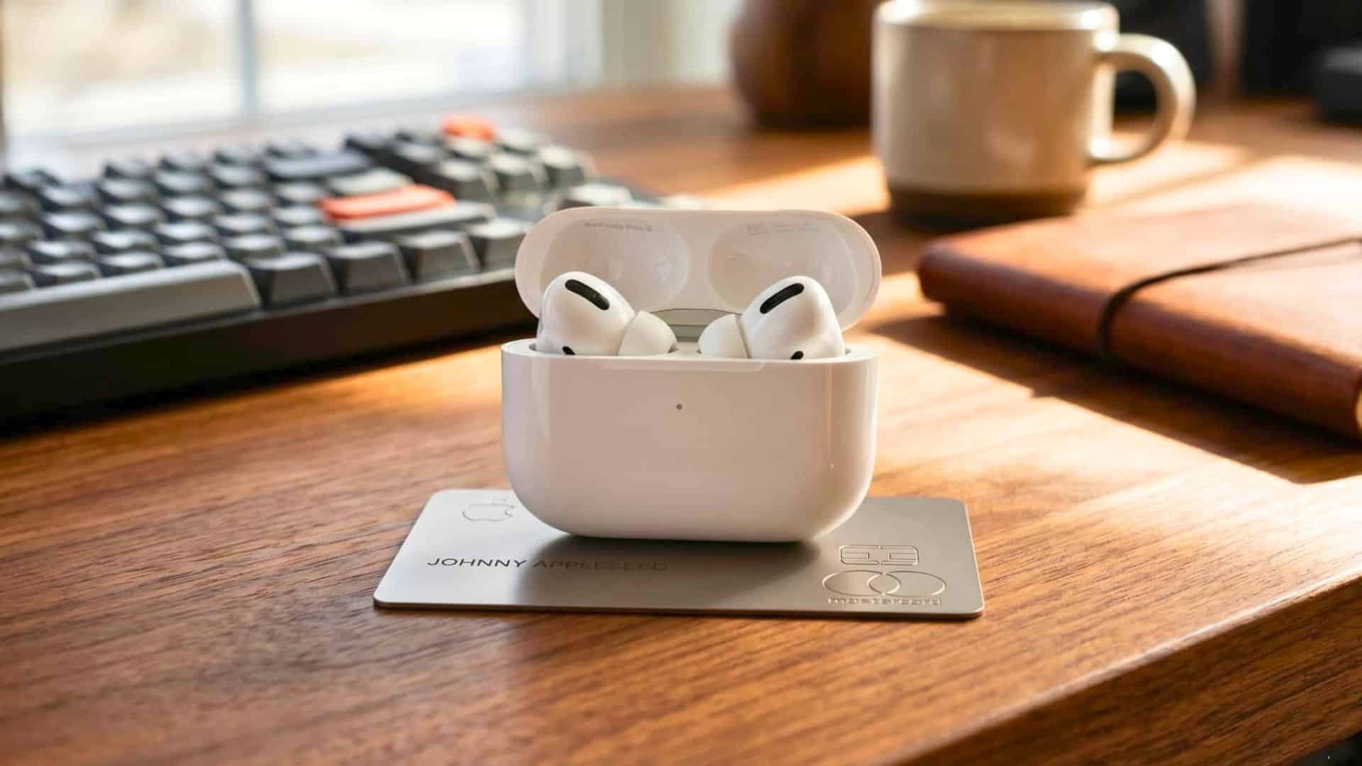 Apple AirPods Pro 3 in an open charging case on a wooden desk beside a keyboard, notebook, and coffee mug.