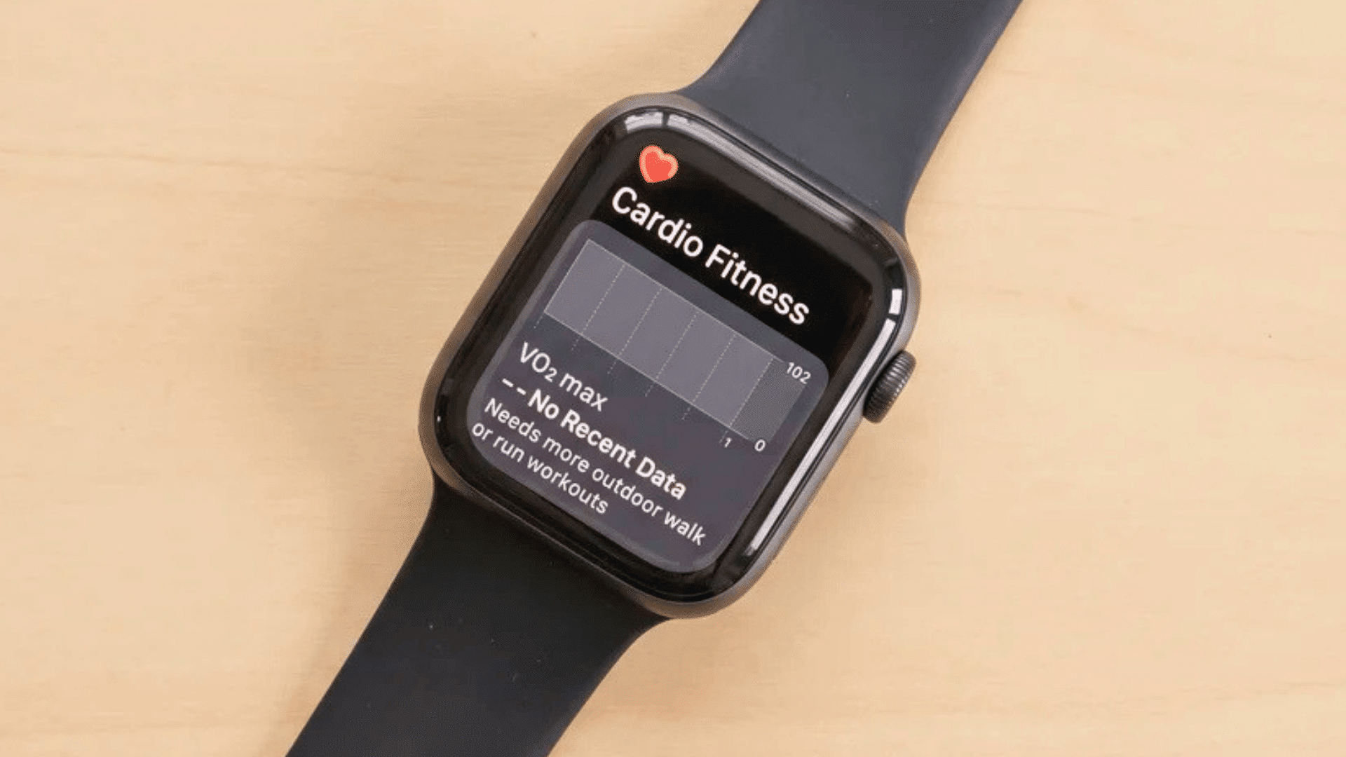 Apple Watch with straps on a table, display showing a missing VO2 max reading.