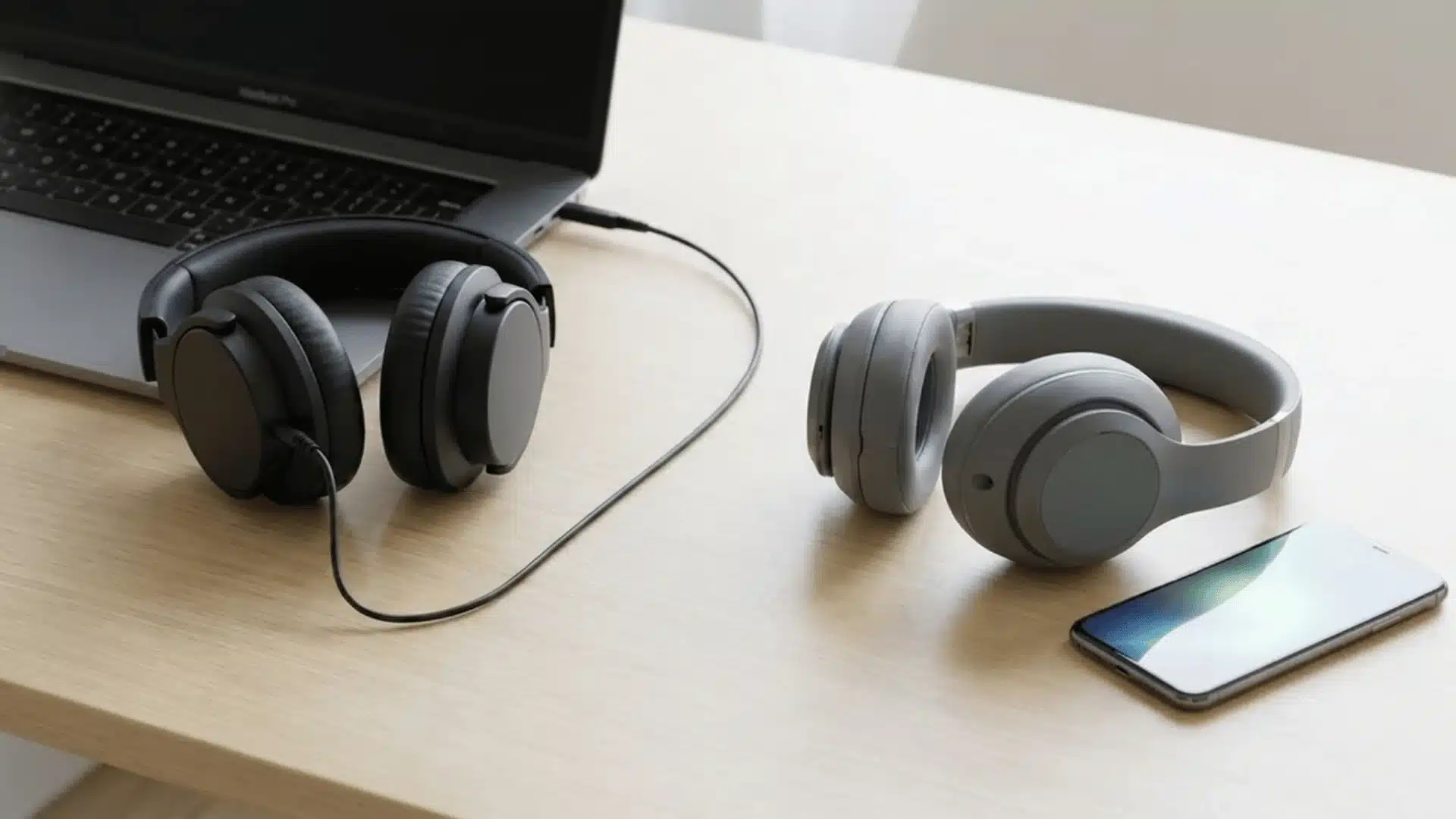 Wired and wireless headphones placed beside an audio device