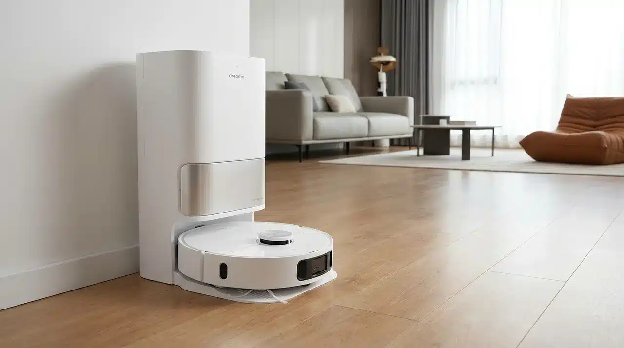 Basic flat-pad robot mop cleaning light floor marks beside a compact self-emptying dock
